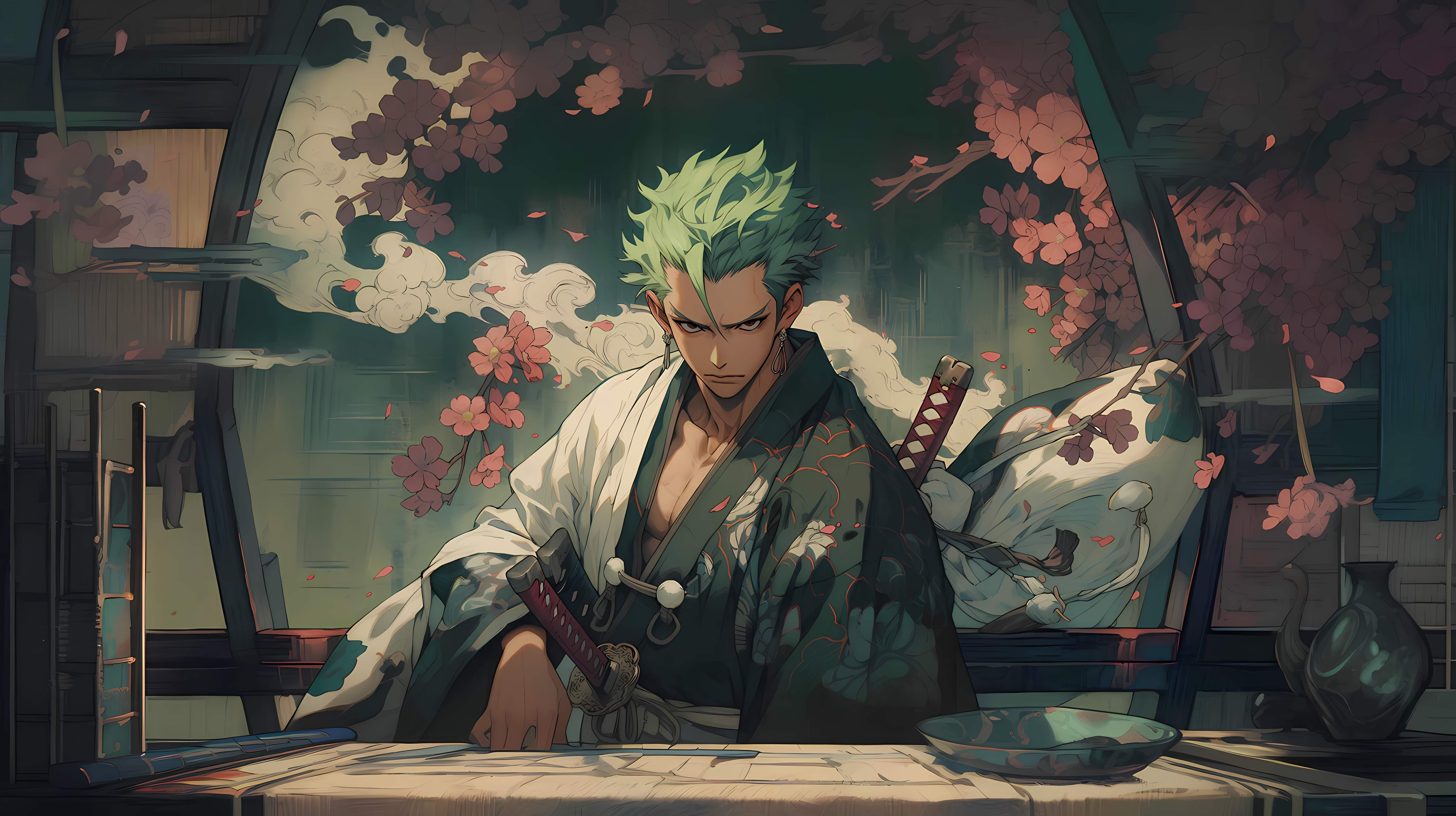 4K 高清海贼王罗罗诺亚索隆横版插画,绿发剑士,日式和服,室内茶室,樱花与云纹背景,三把武士刀,和风动漫,无水印电脑壁纸