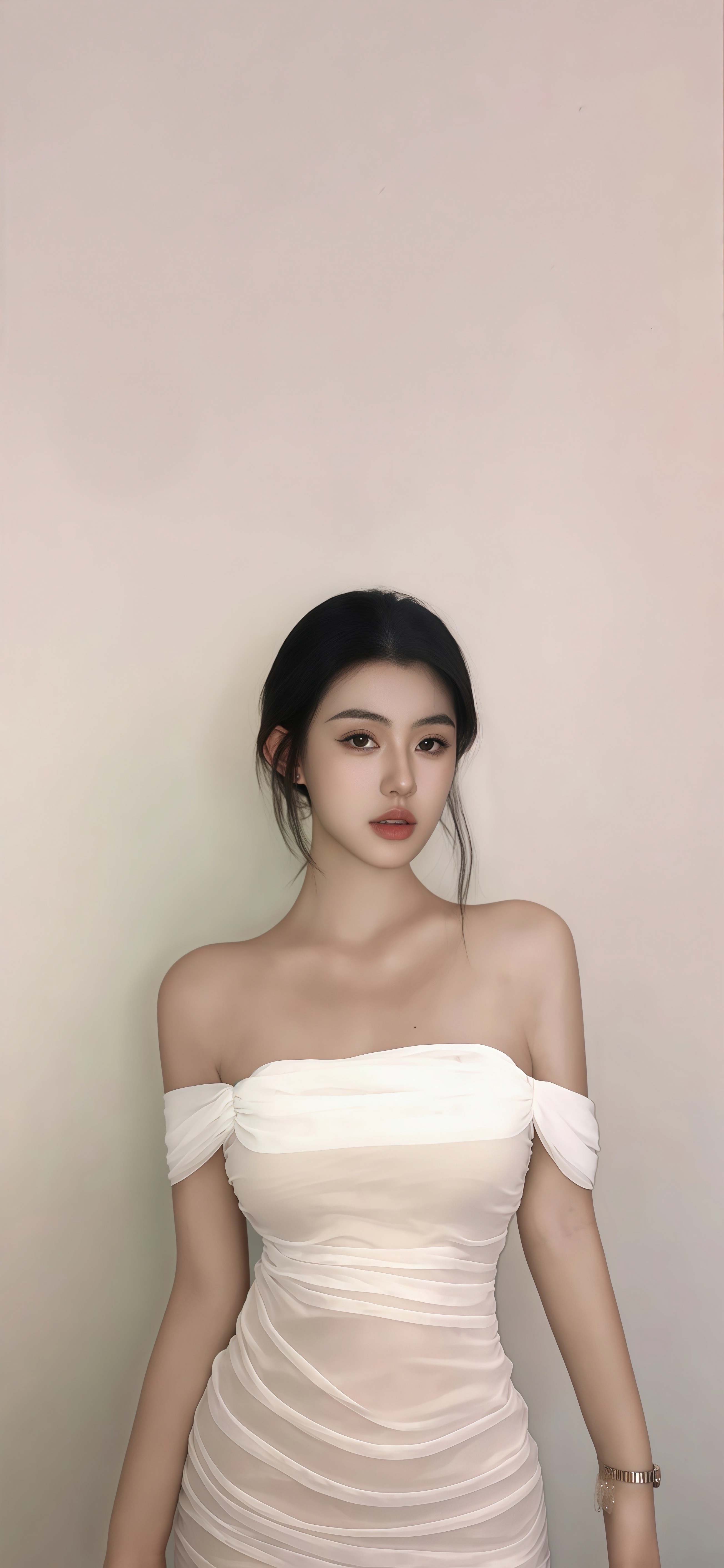 简约写真人像壁纸 白色一字肩礼服少女竖版手机锁屏