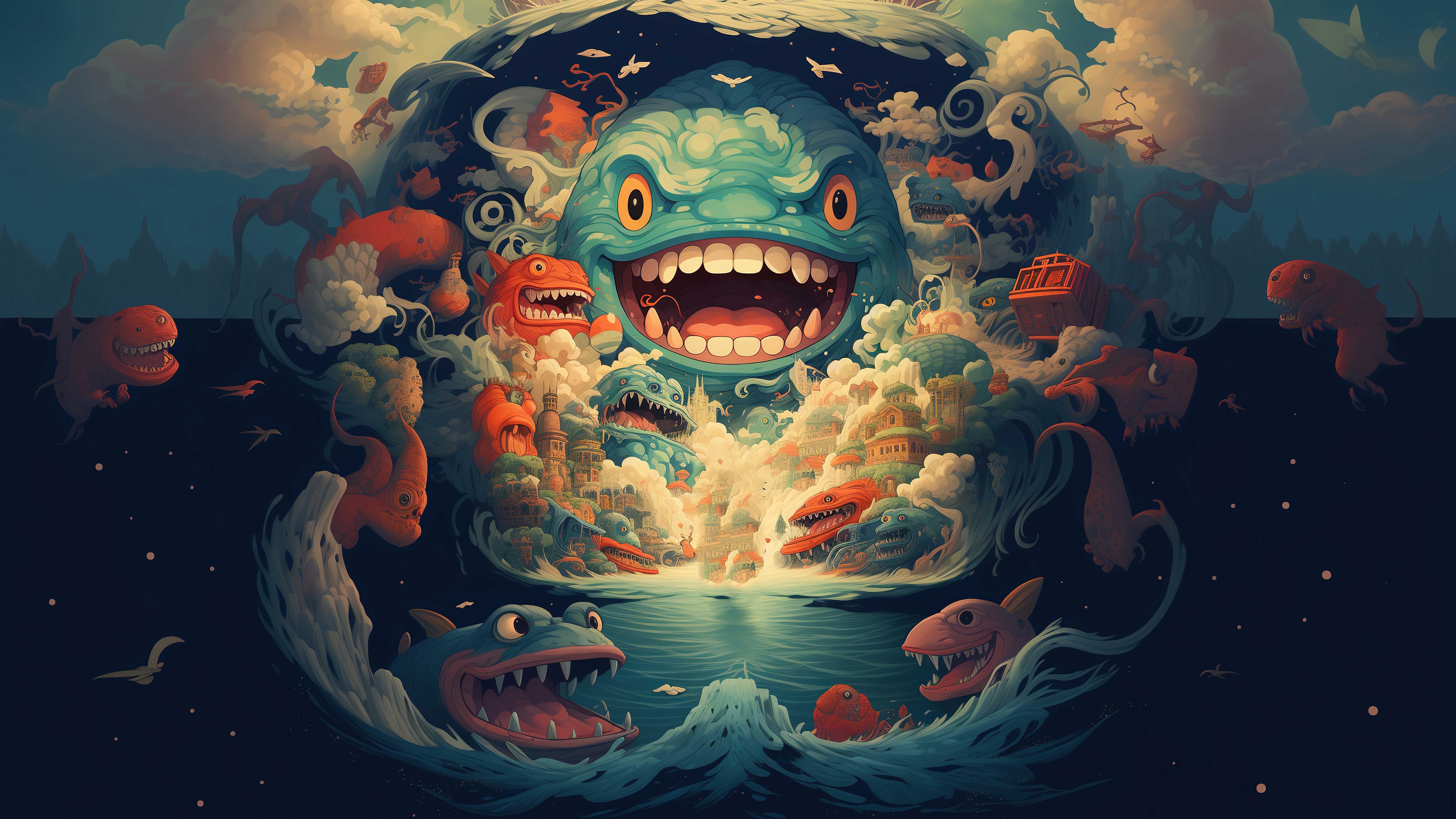 奇幻深海巨兽怪鱼横版电脑壁纸 复古插画幻想世界魔幻4k桌面背景