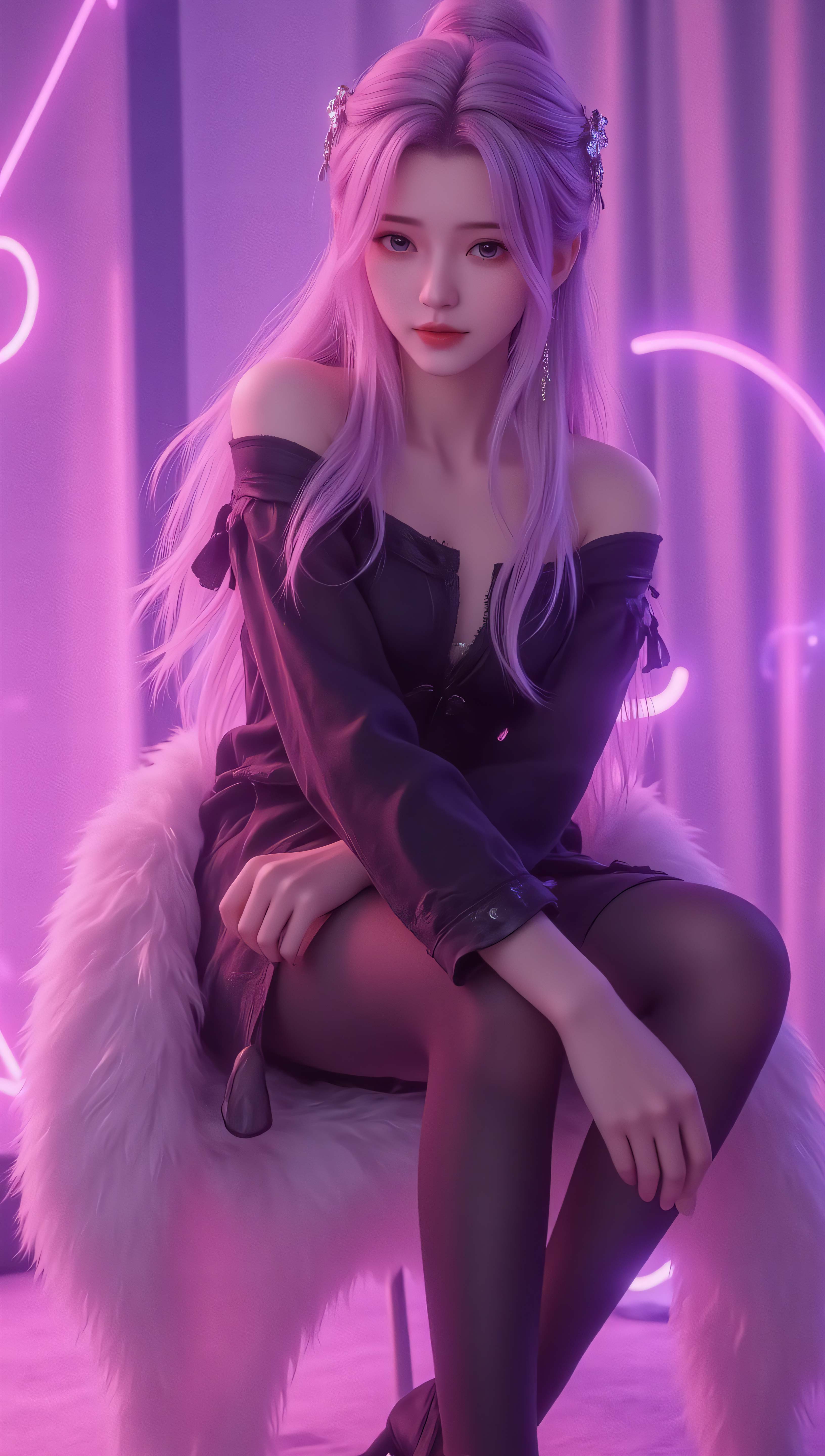 粉紫霓虹淡紫盘发少女 4K 手机壁纸｜赛博梦幻二次元人像竖版锁屏背景