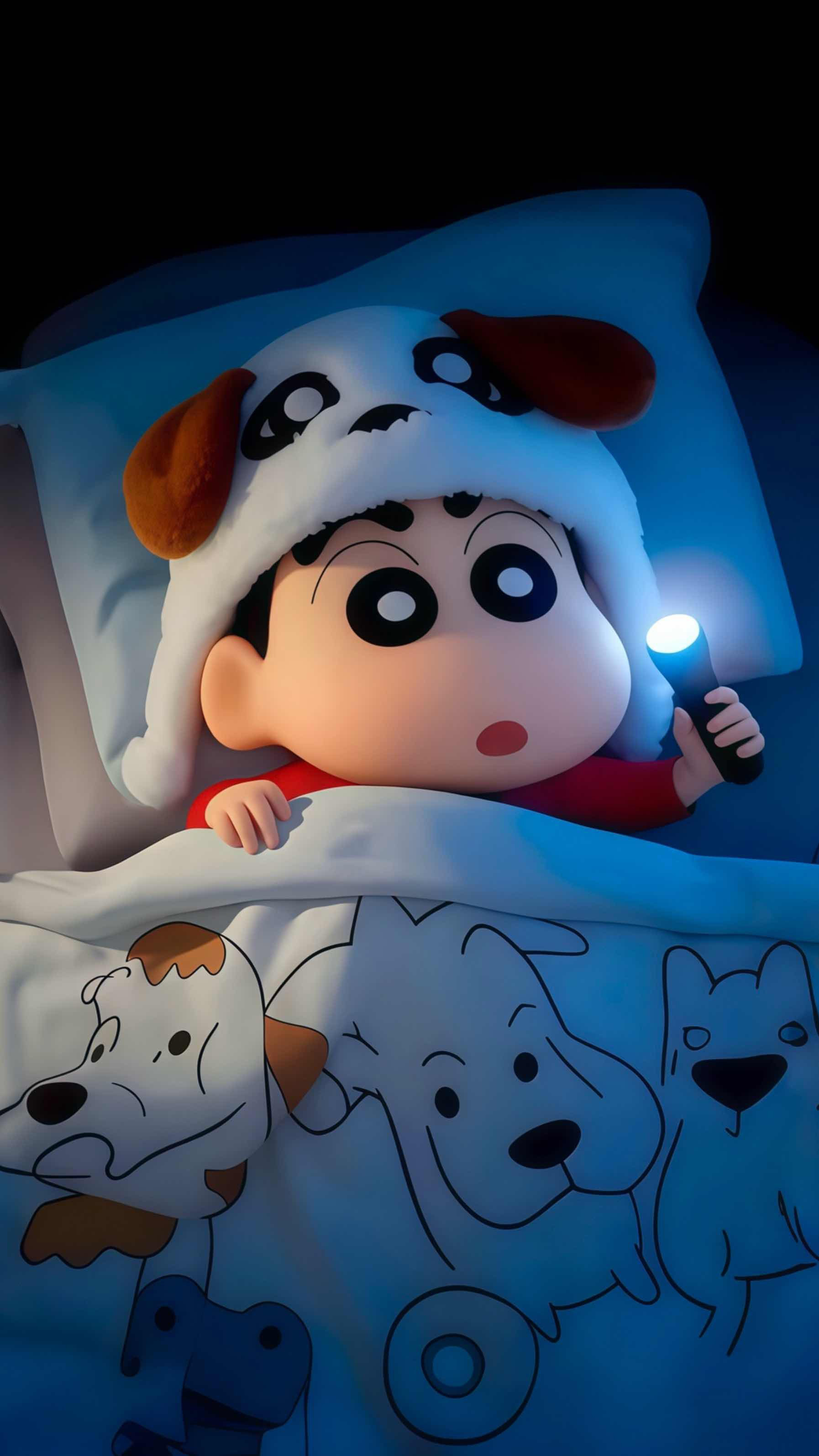 蜡笔小新 3D 小白帽子壁纸 夜晚手电筒可爱治愈竖版手机锁屏