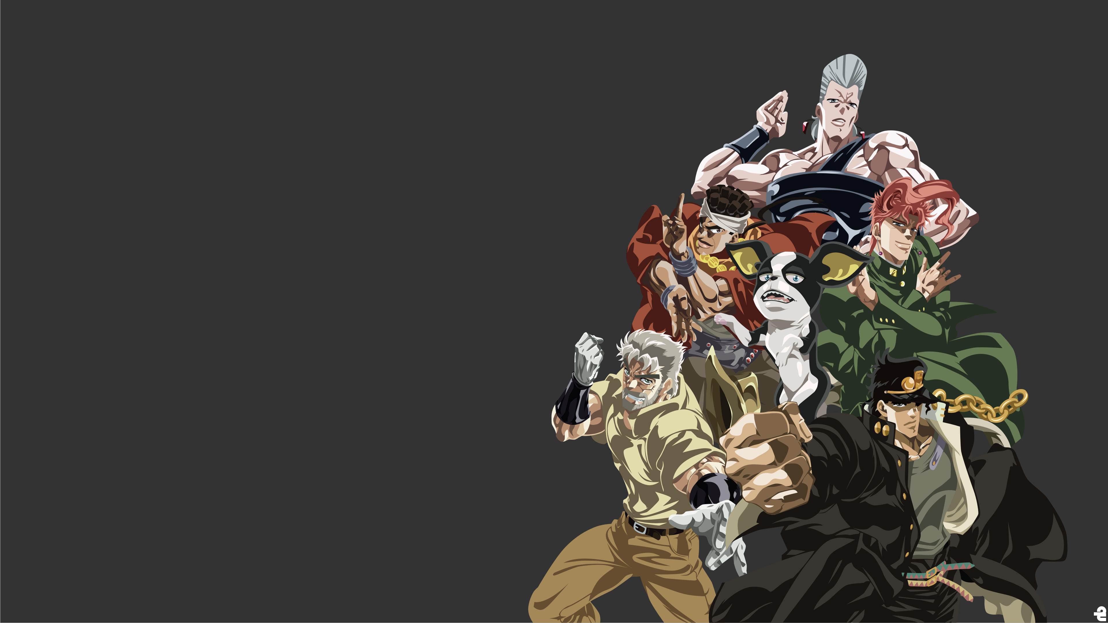 JOJO 星尘斗士电脑壁纸,星尘十字军全员合集插画,深灰简约背景动漫横版壁纸,4K 高清无水印壁纸