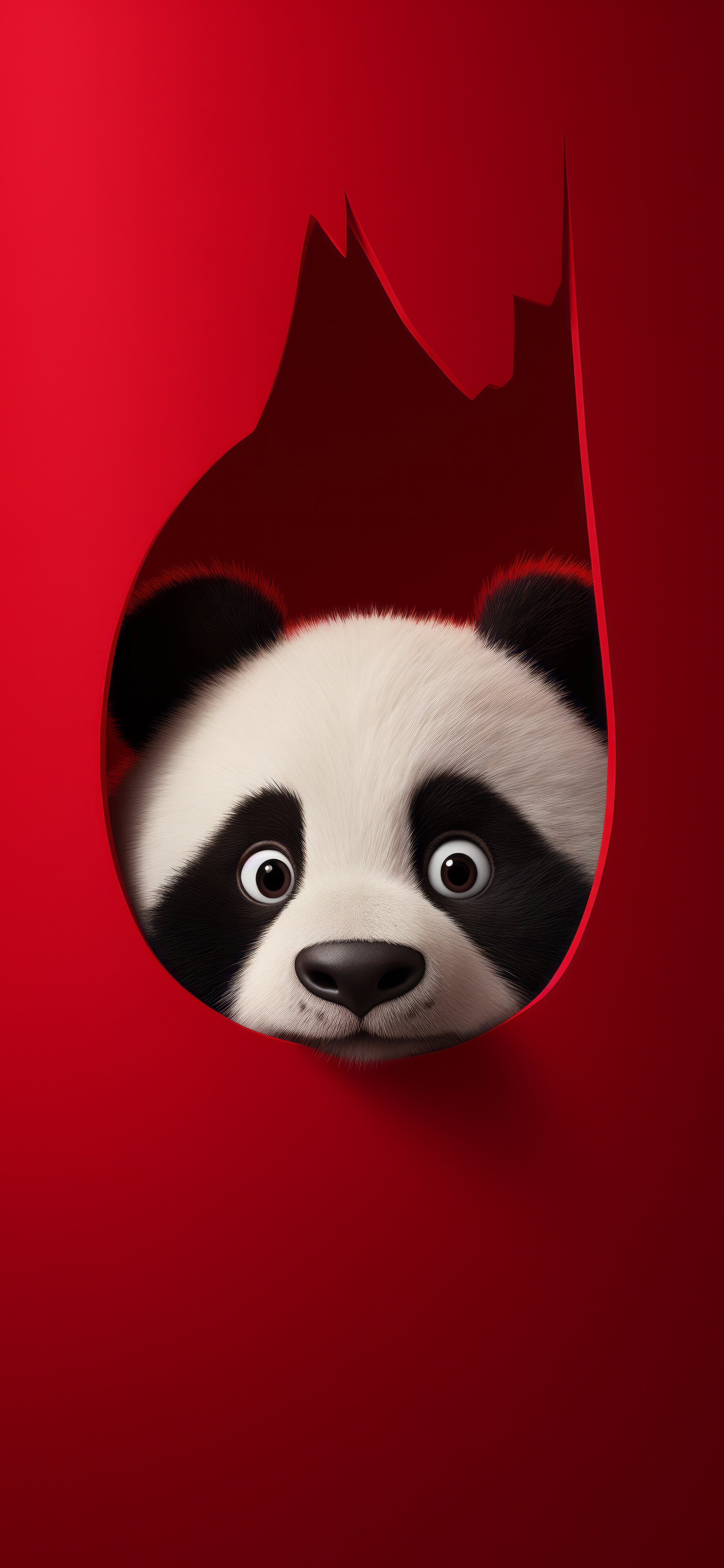 红色撕纸探头小熊猫 3D 卡通 4K 高清无水印手机壁纸