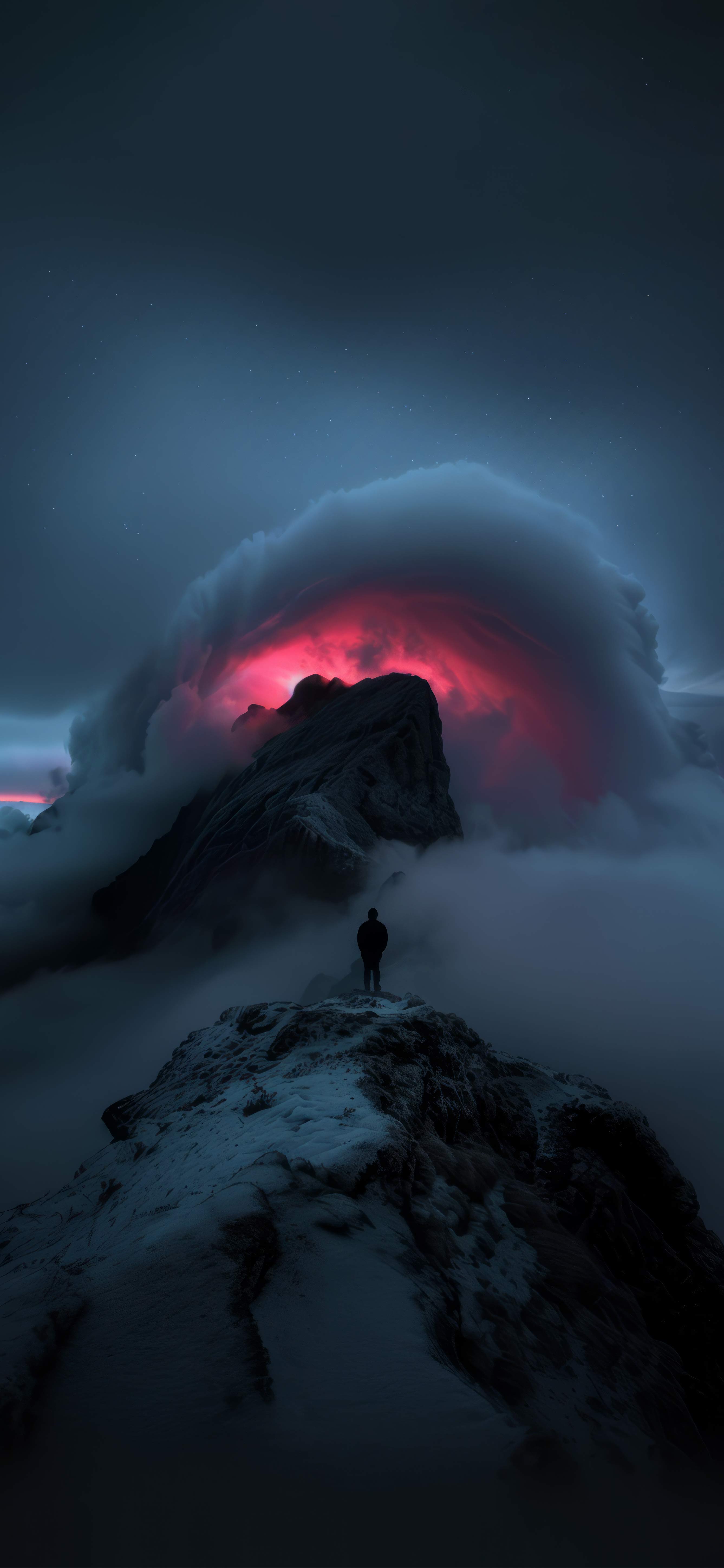 奇幻环形云雾雪山孤影 4K 高清手机壁纸 暗黑氛围感夜景锁屏图片无水印