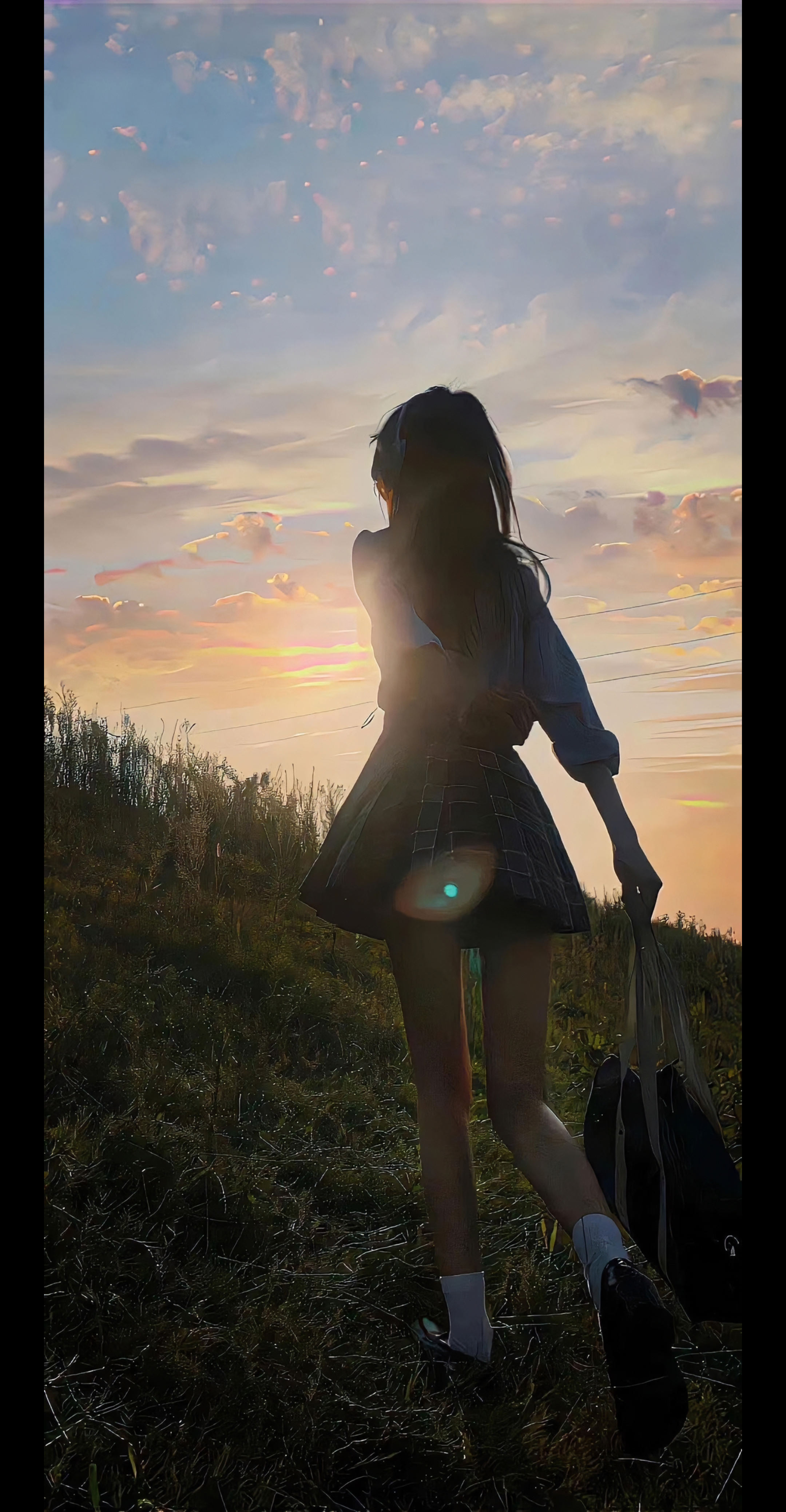 4K 夕阳山坡 JK 少女背影手机壁纸 治愈逆光氛围感插画