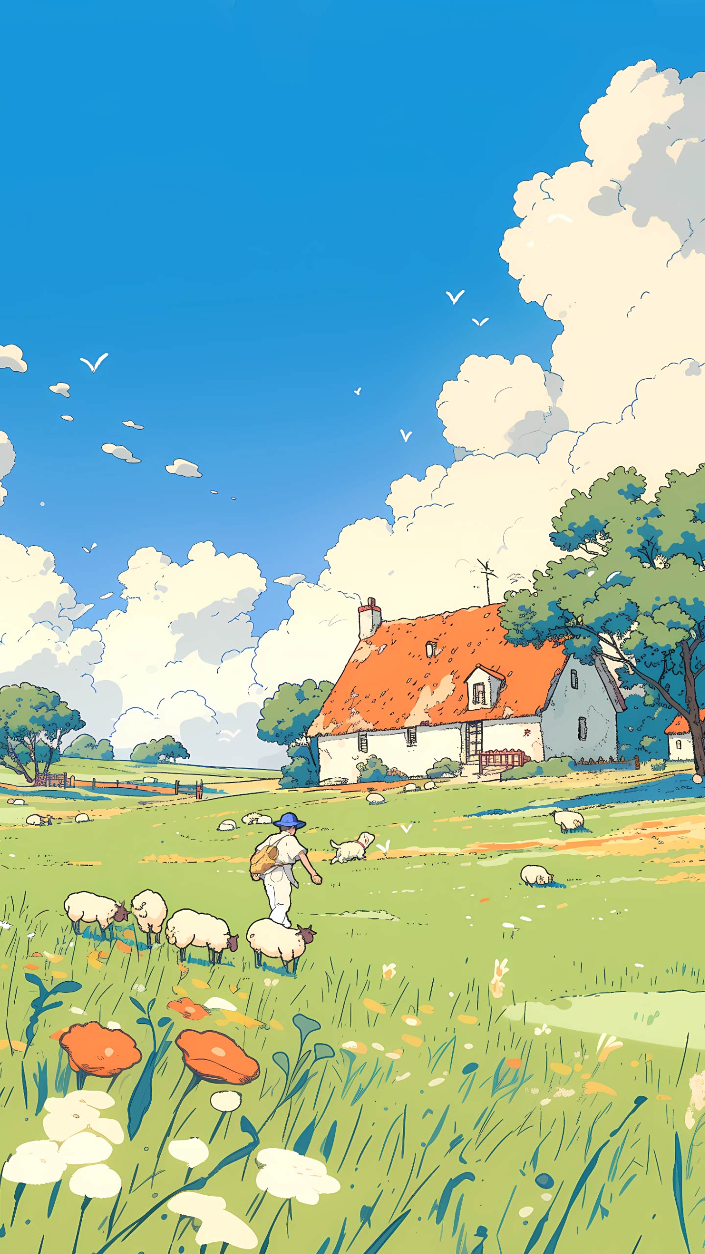 日系插画田园牧场牧羊少年壁纸 蓝天白云红顶小屋治愈风景竖版手机锁屏