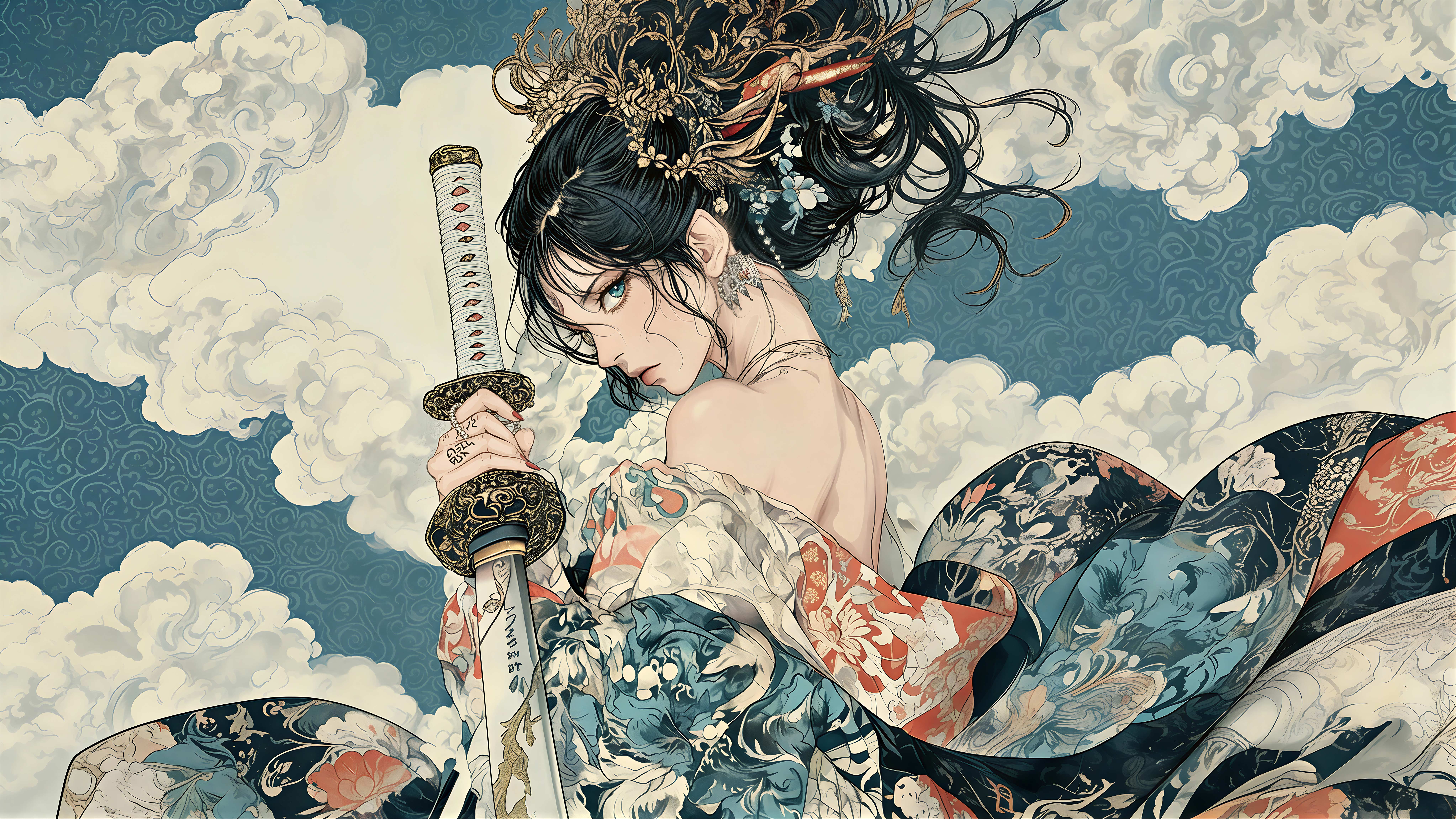 浮世绘武士少女壁纸 日式和风持刀华丽插画横版电脑桌面