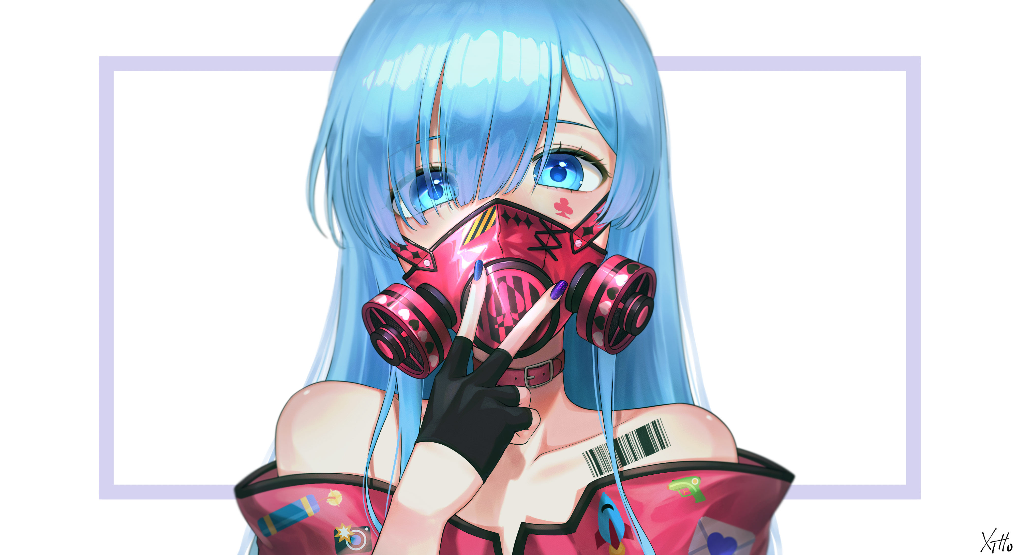 蓝长发少女粉色防毒面具赛博风格 4K 横版电脑壁纸