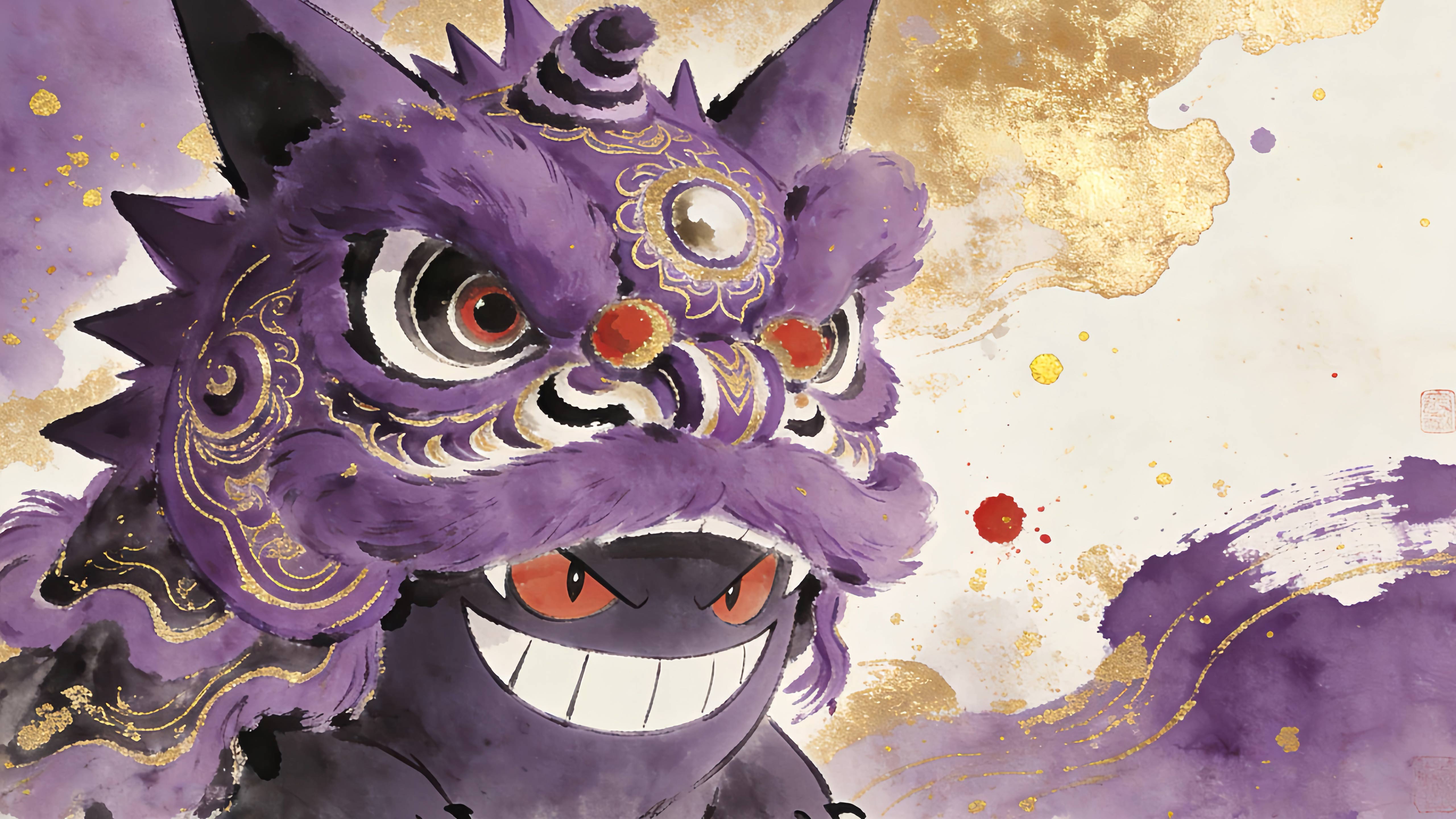 耿鬼国潮舞狮横版壁纸 紫金水彩鎏金国风插画电脑桌面