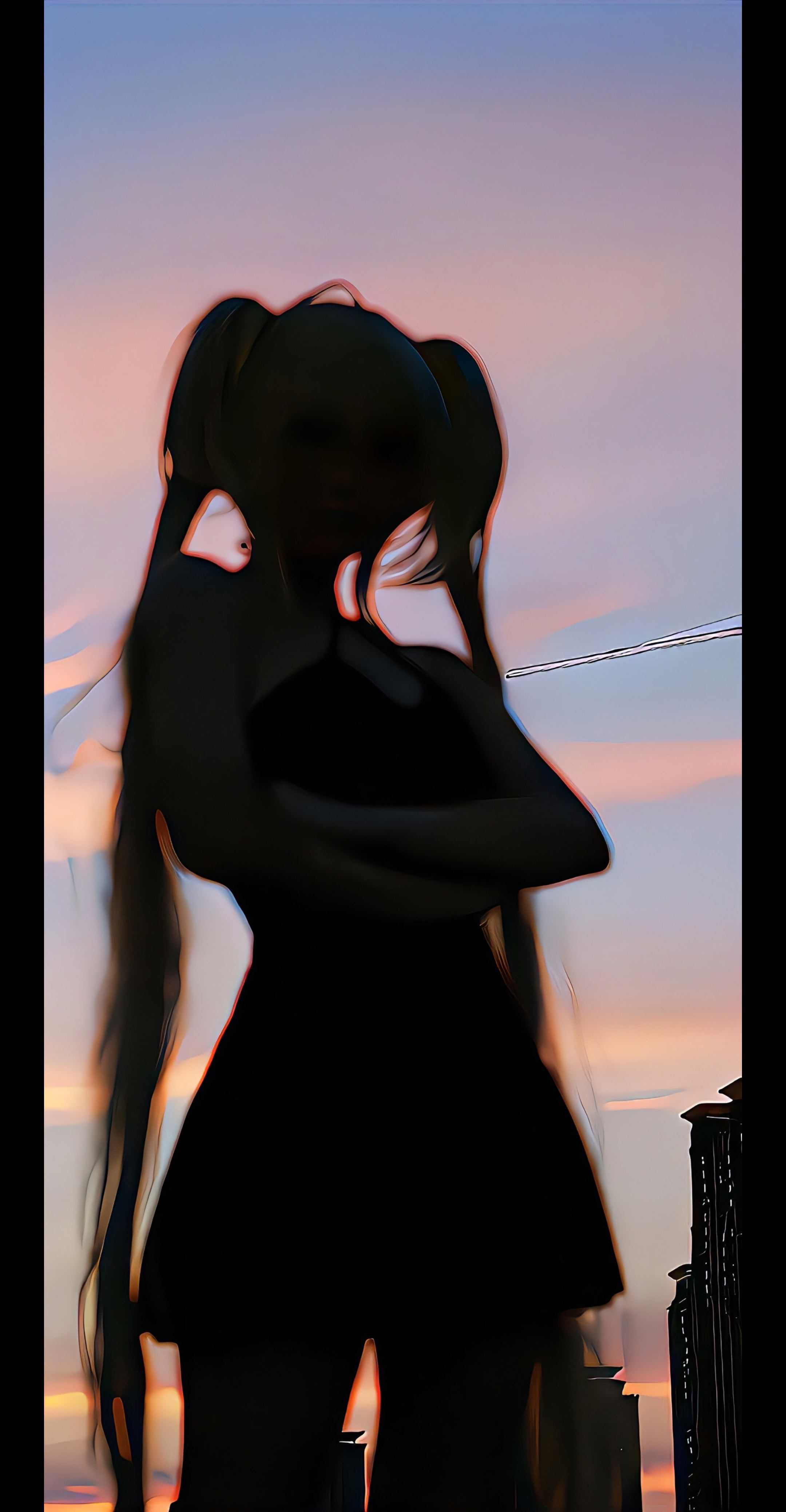 4K 黄昏城市双马尾少女剪影手机壁纸 故障艺术氛围感插画
