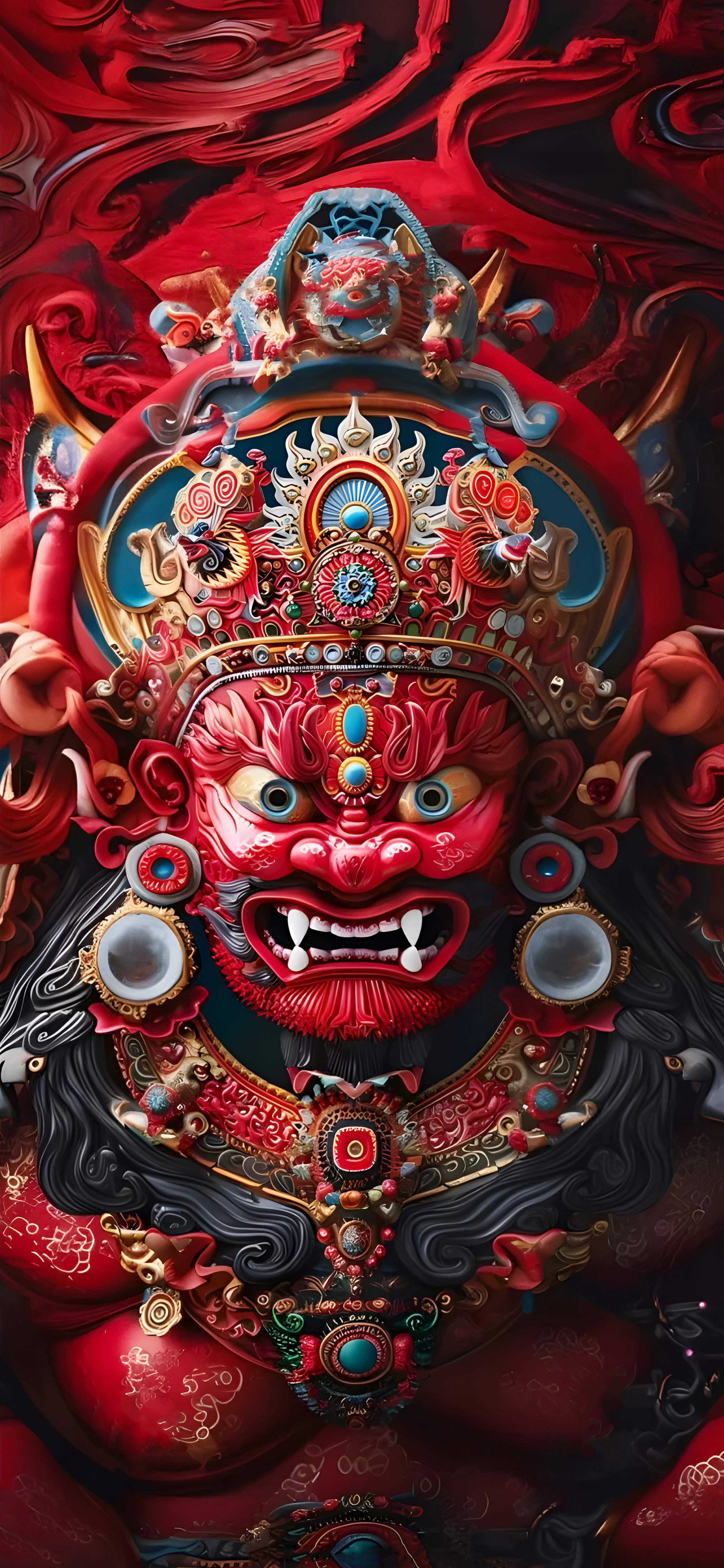 4K 藏传红身彩绘护法神像竖版特写 高清无水印手机壁纸