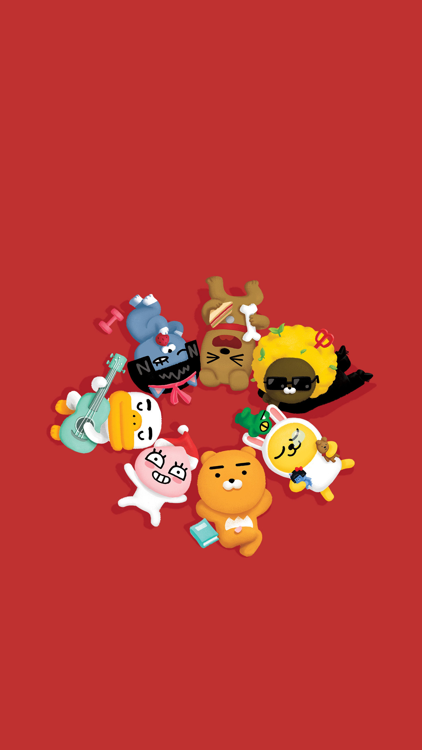 Kakao Friends 全家福红色纯色背景 4K 可爱手机壁纸