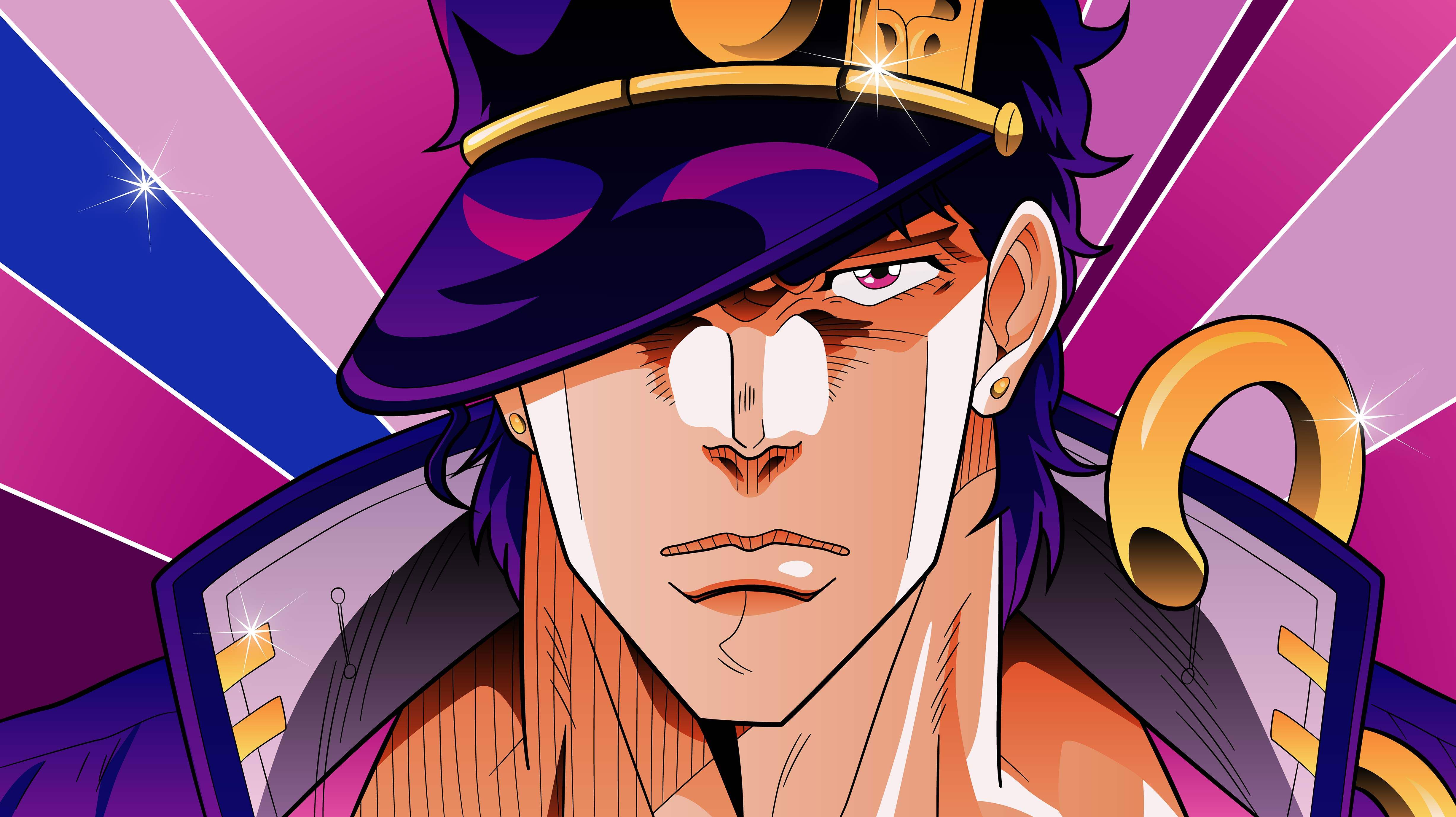 JOJO 的奇妙冒险空条承太郎脸部特写横版电脑壁纸,紫粉放射背景漫画风插画