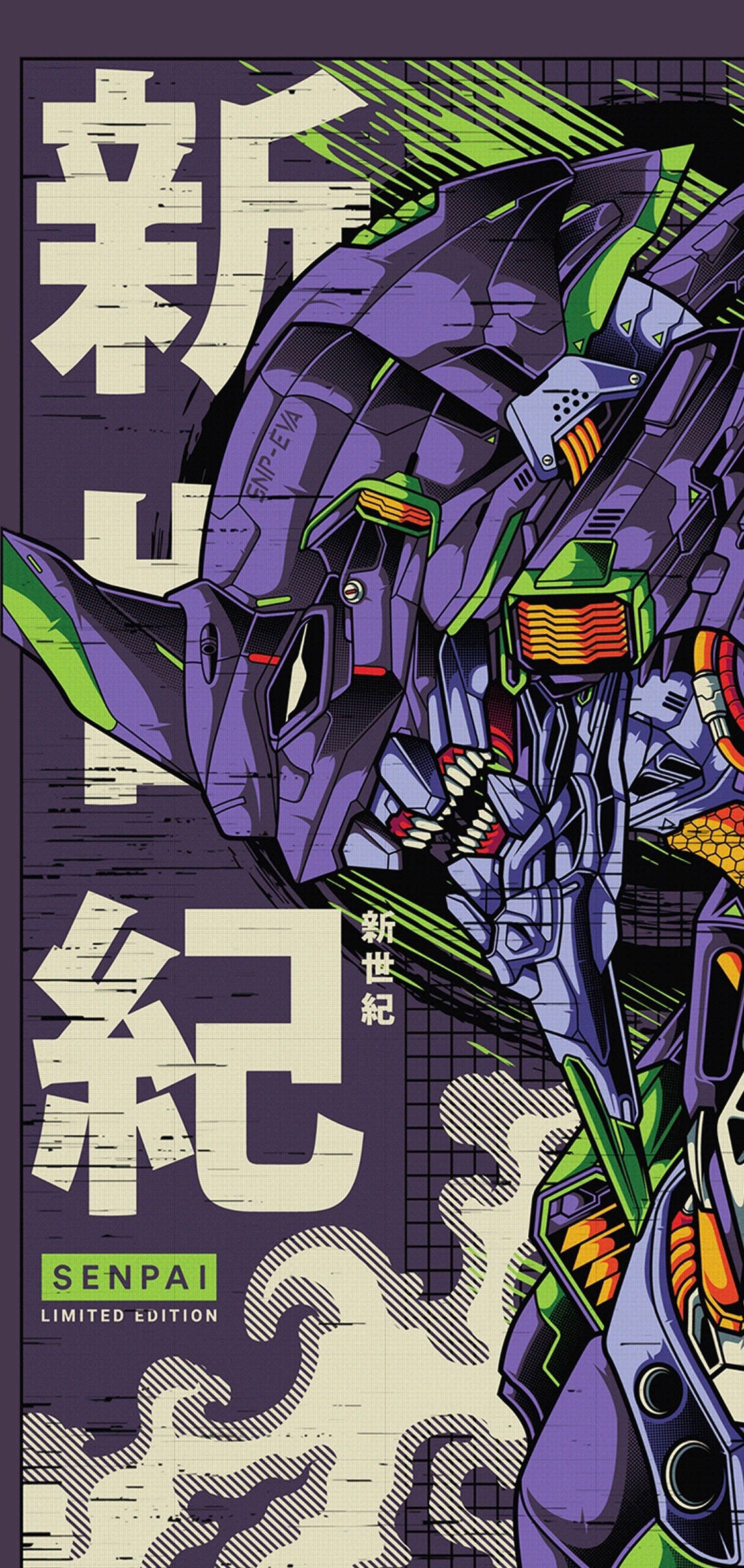 EVA 初号机美式漫画海报 4K 竖版手机壁纸,紫色背景,新世纪福音战士机甲插画