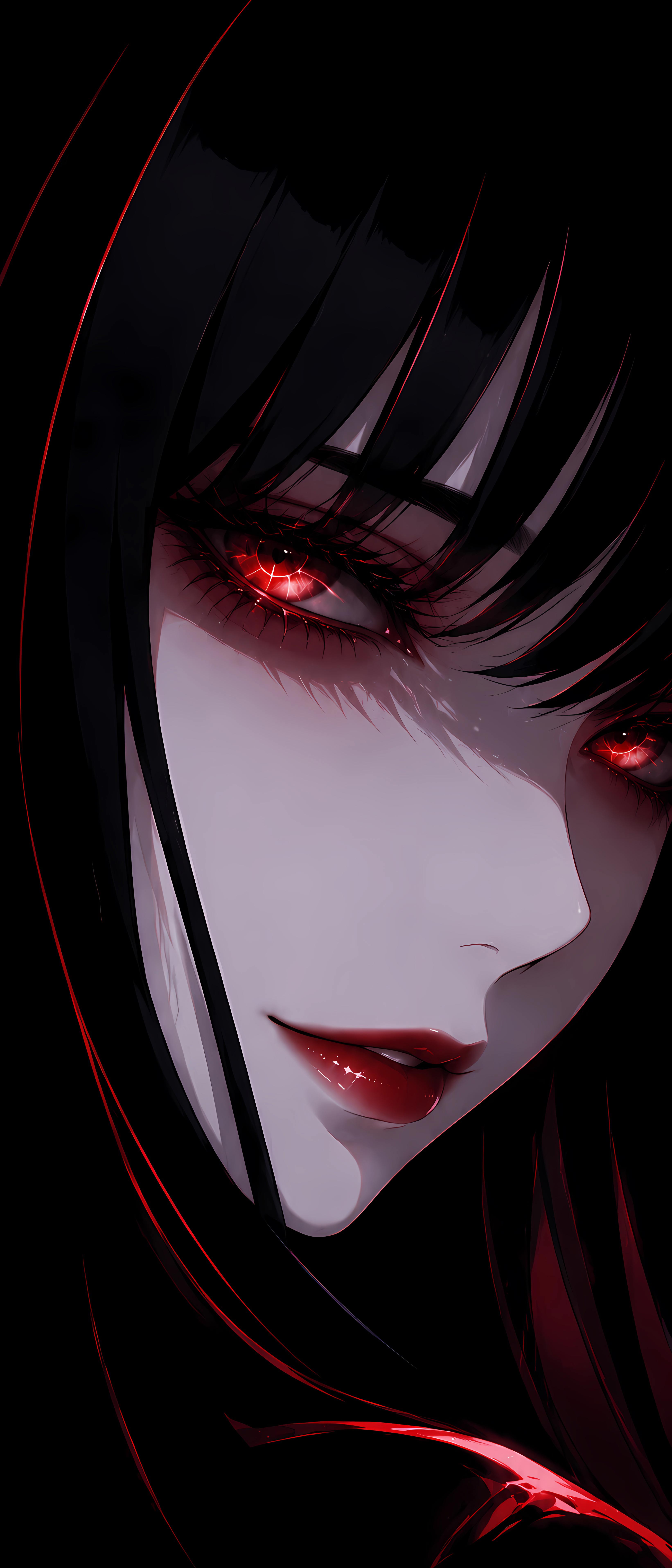 黑发红瞳暗黑动漫少女壁纸 红黑冷调二次元竖版手机插画