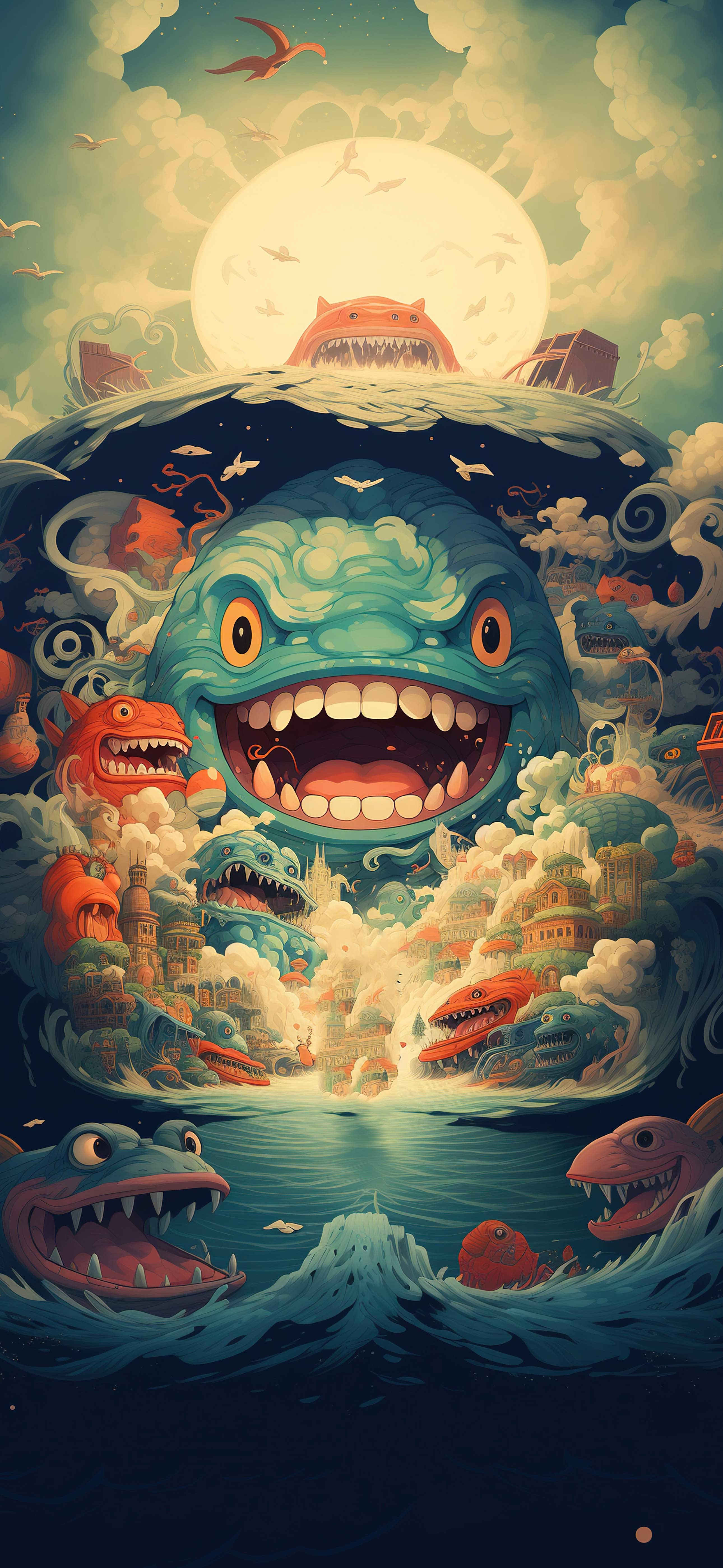 奇幻深海巨兽怪鱼竖版手机壁纸 复古插画幻想世界魔幻锁屏4k背景