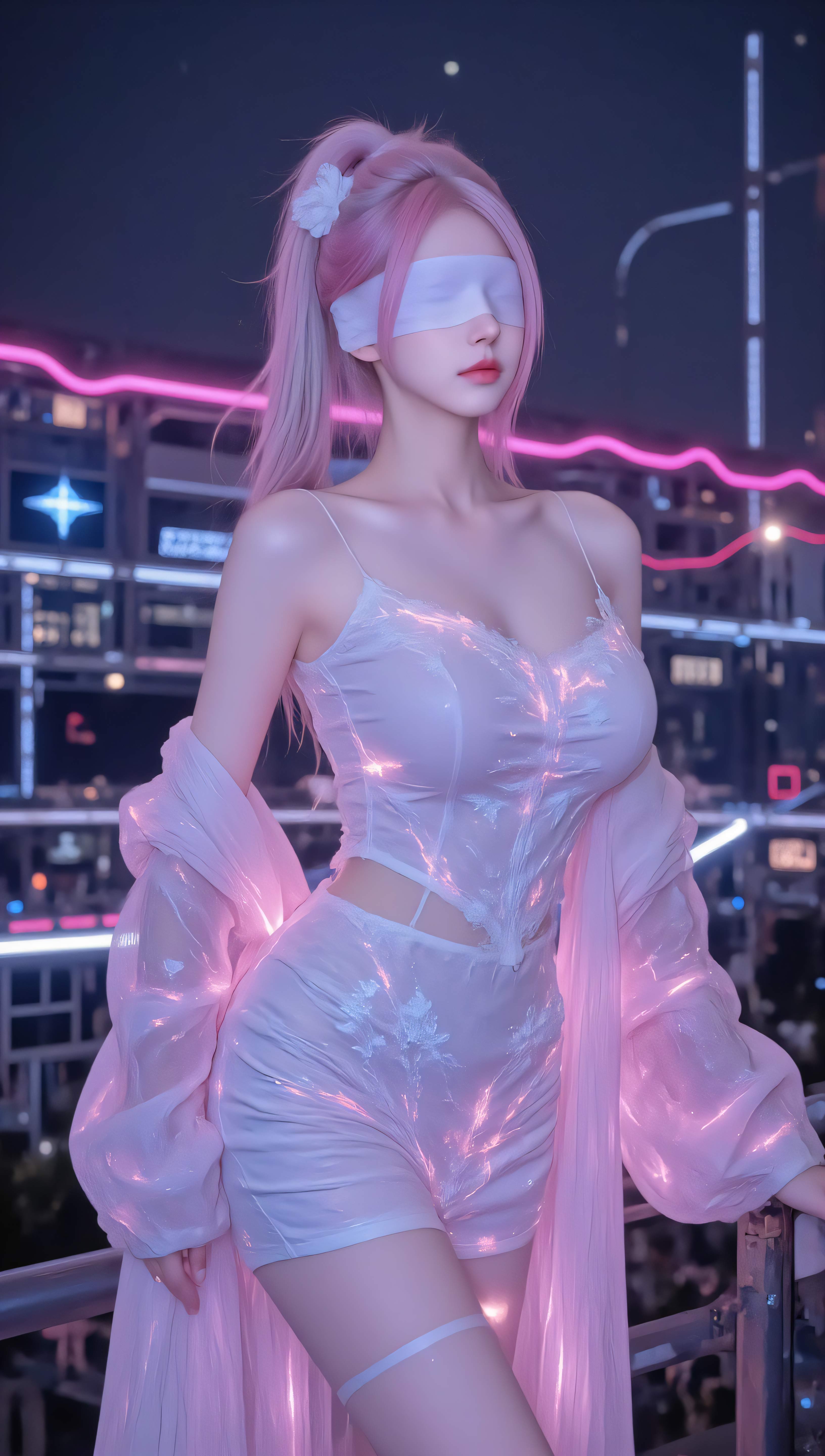 赛博朋克霓虹夜景粉发蒙眼少女 4K 手机壁纸｜都市二次元人像竖版锁屏背景