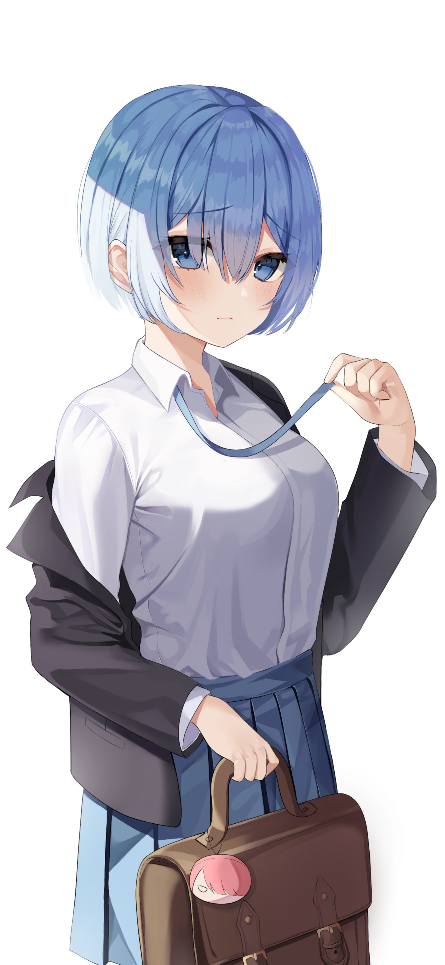 Re:0 雷姆校服制服 4K 竖版手机壁纸,蓝短发,白衬衫百褶裙,手提书包,纯白背景,日系动漫插画