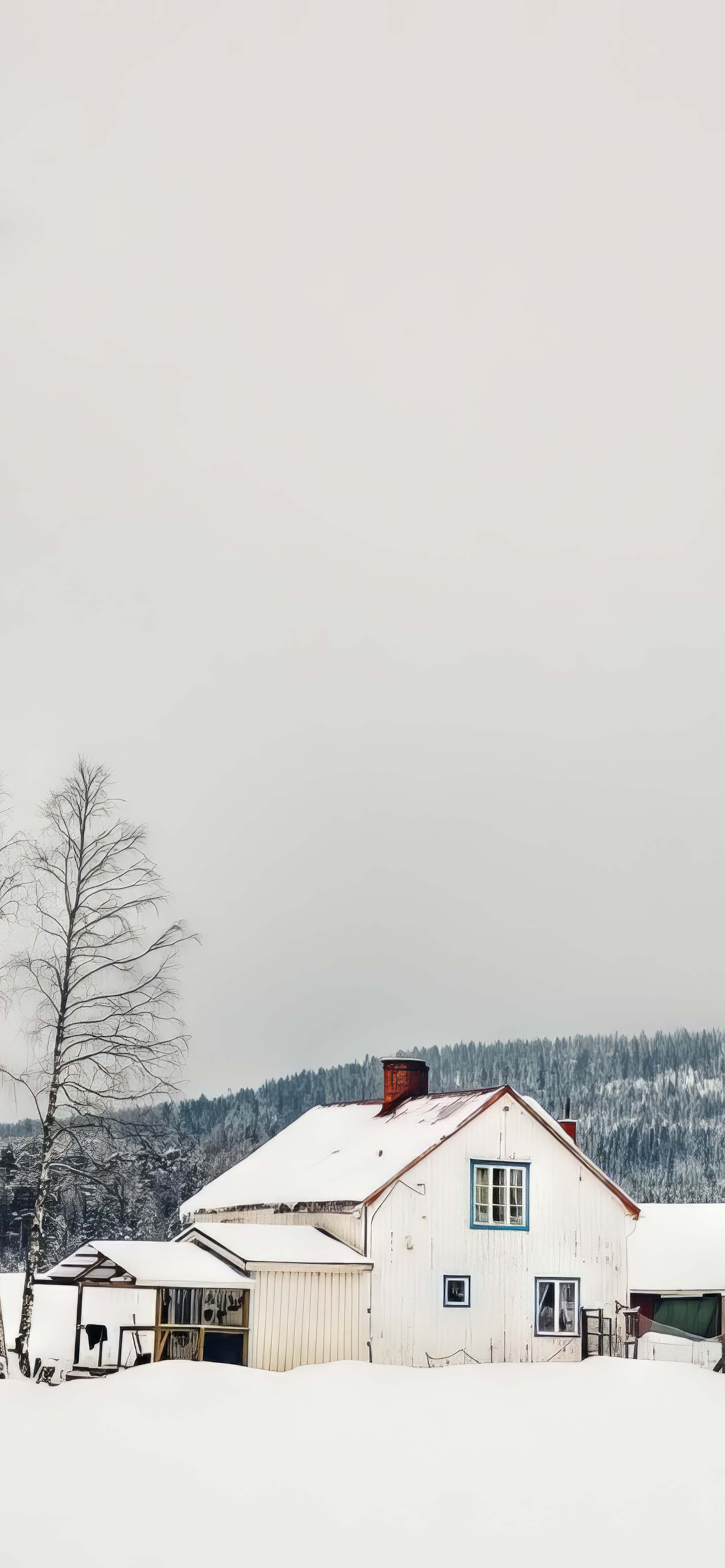 北欧冬日雪地木屋 4K 高清手机壁纸 极简干净雪景锁屏图片无水印