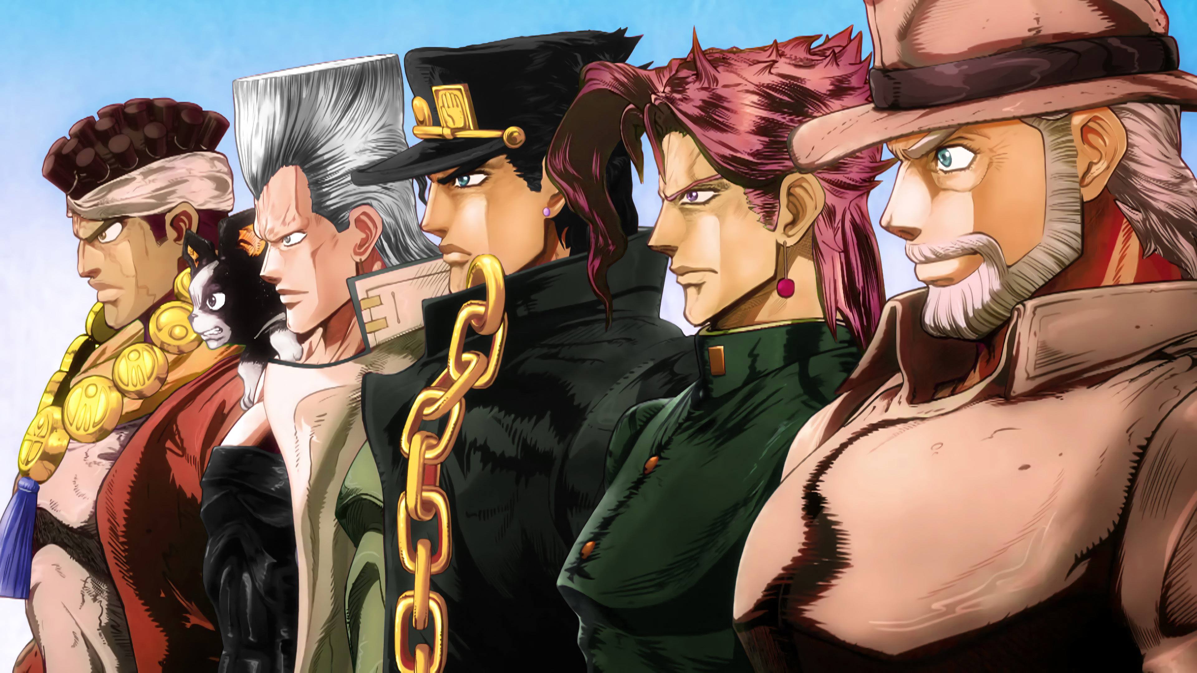 JOJO 的奇妙冒险星尘斗士星尘十字军全员横版电脑壁纸,浅蓝色天空背景动漫插画