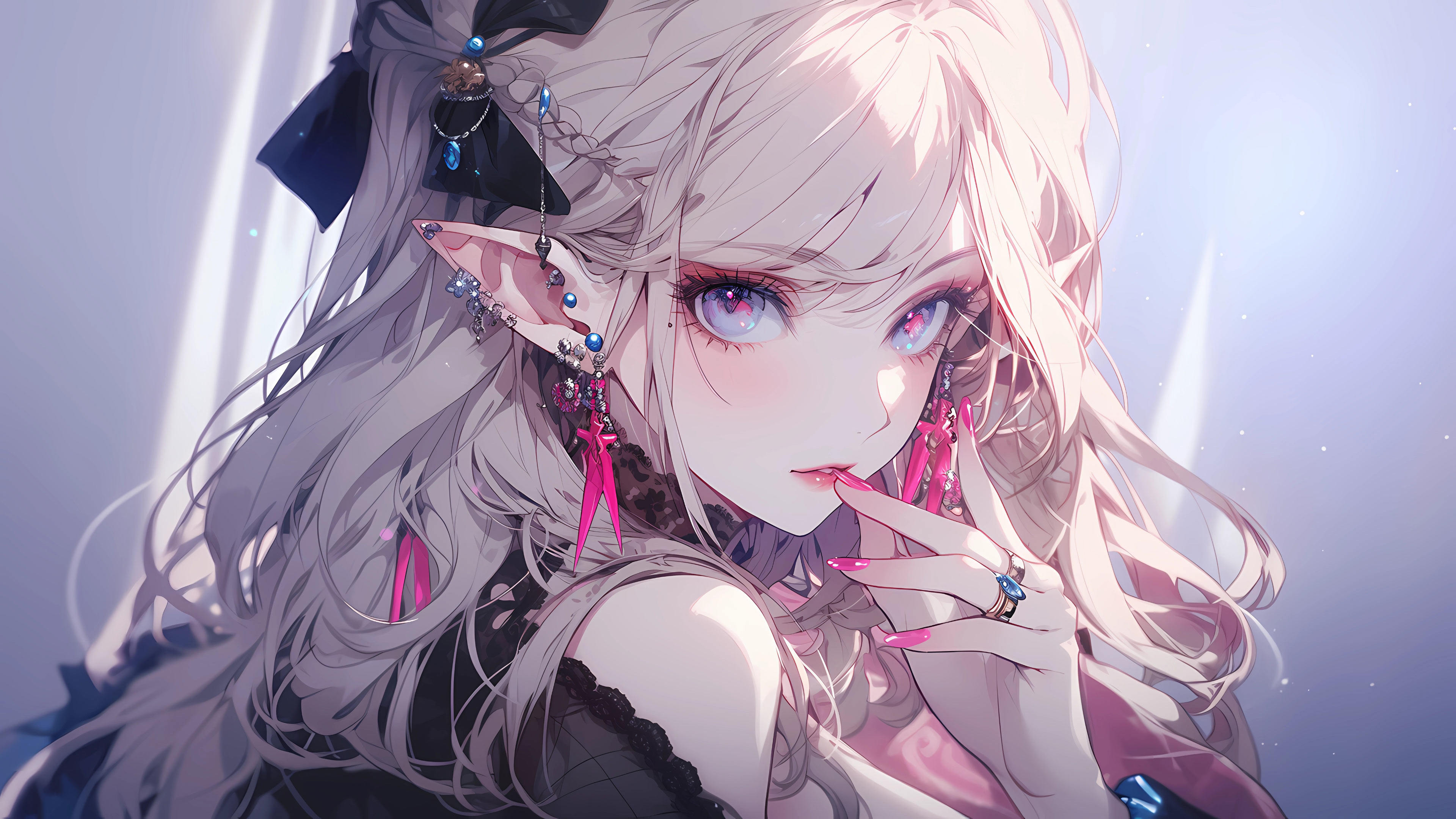 银发尖耳精灵少女高清 4K 壁纸|精致饰品甜酷二次元插画