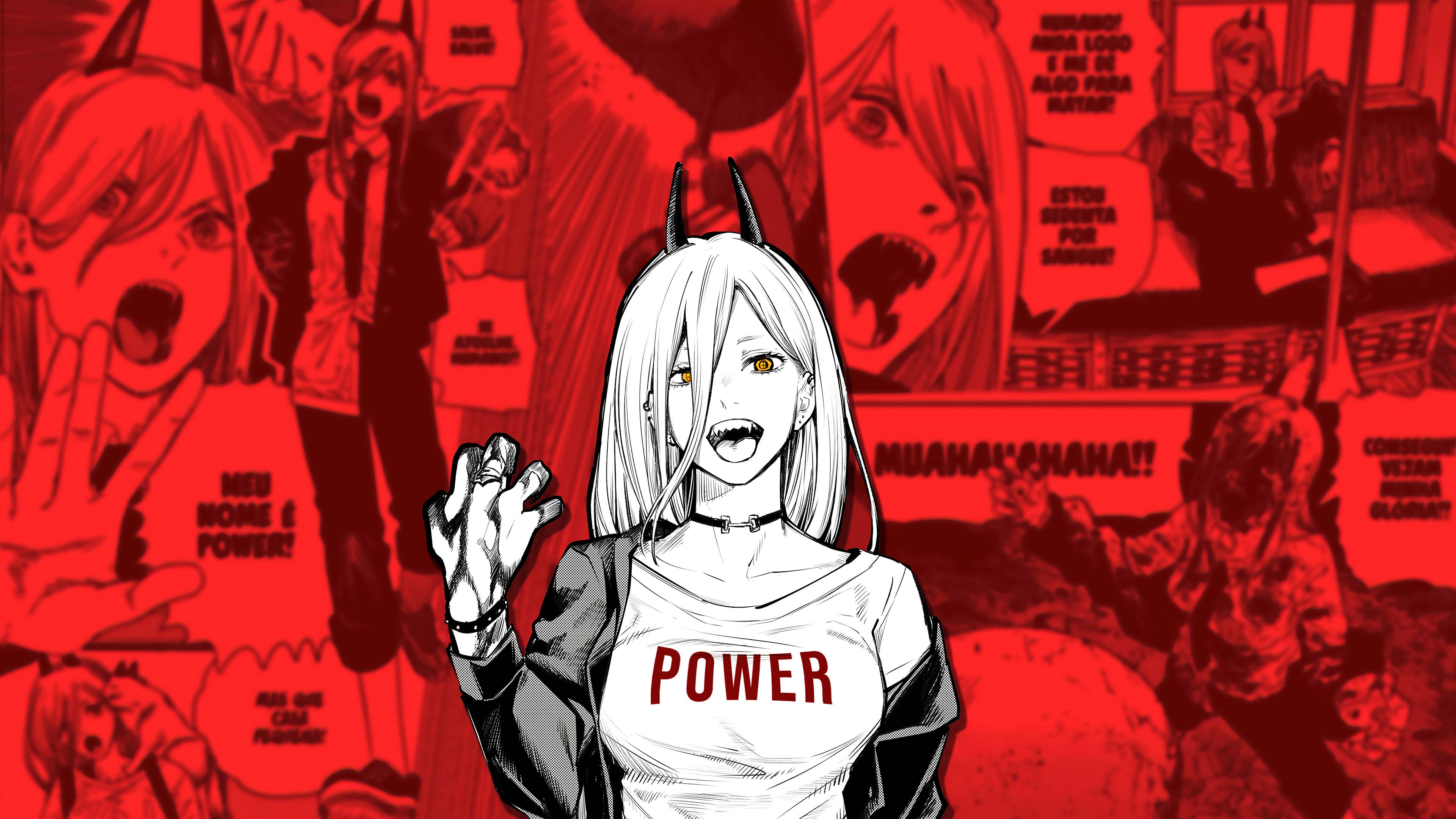 电锯人帕瓦 POWER 漫画拼贴 4K 电脑壁纸｜红底漫画分镜横版动漫桌面背景