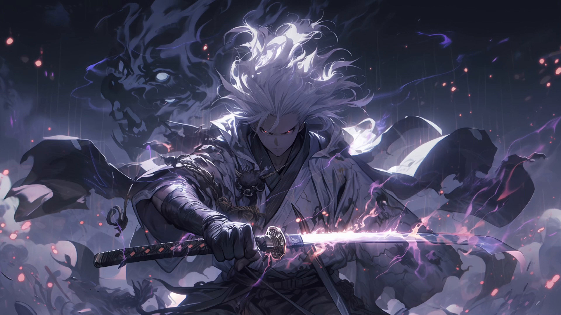 白发红眼紫雷太刀武士高清 4K 壁纸|暗影猛兽和风二次元插画