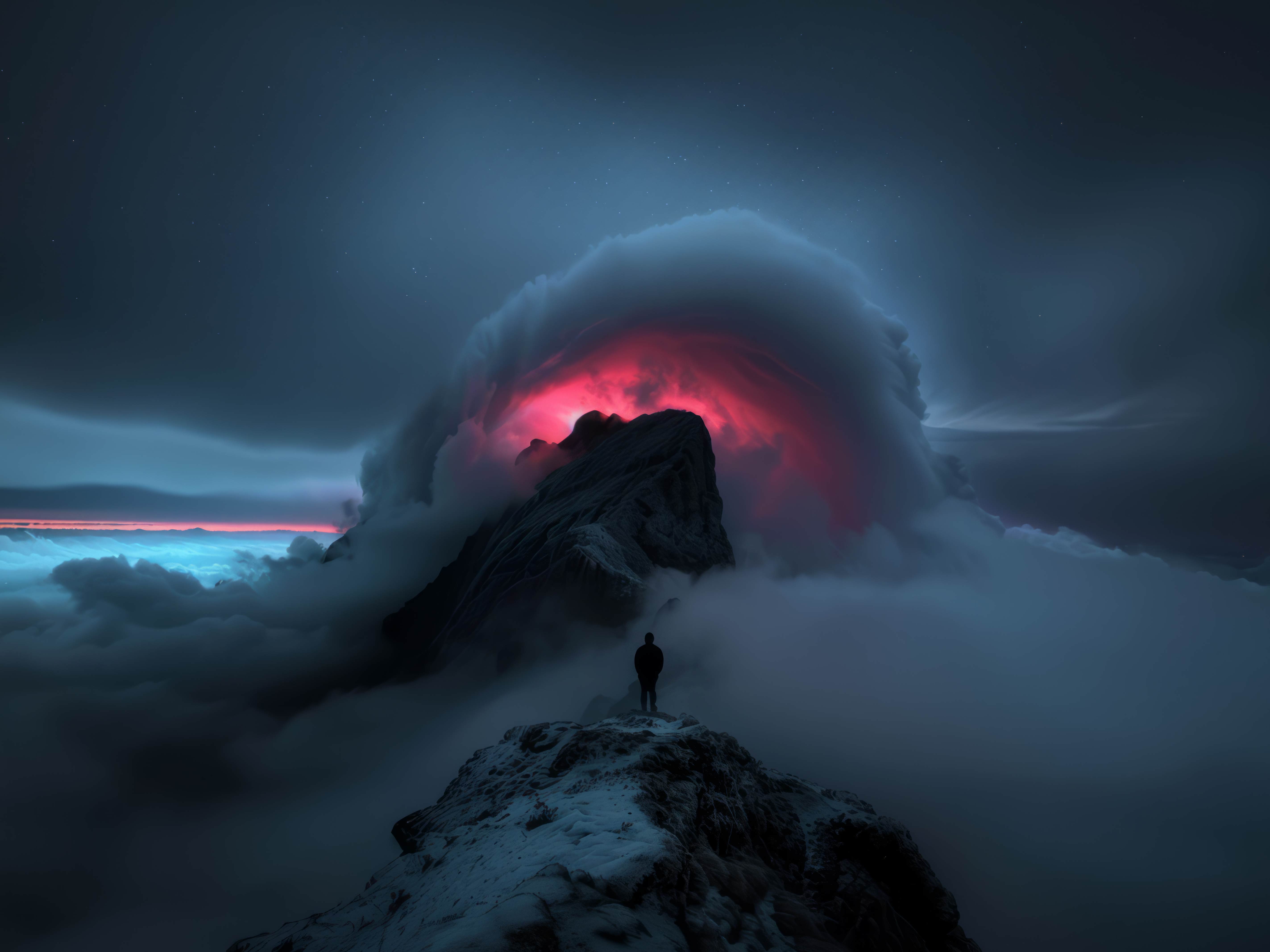 奇幻环形云雾雪山孤影 4K 高清电脑壁纸 暗黑氛围感夜景桌面图片无水印