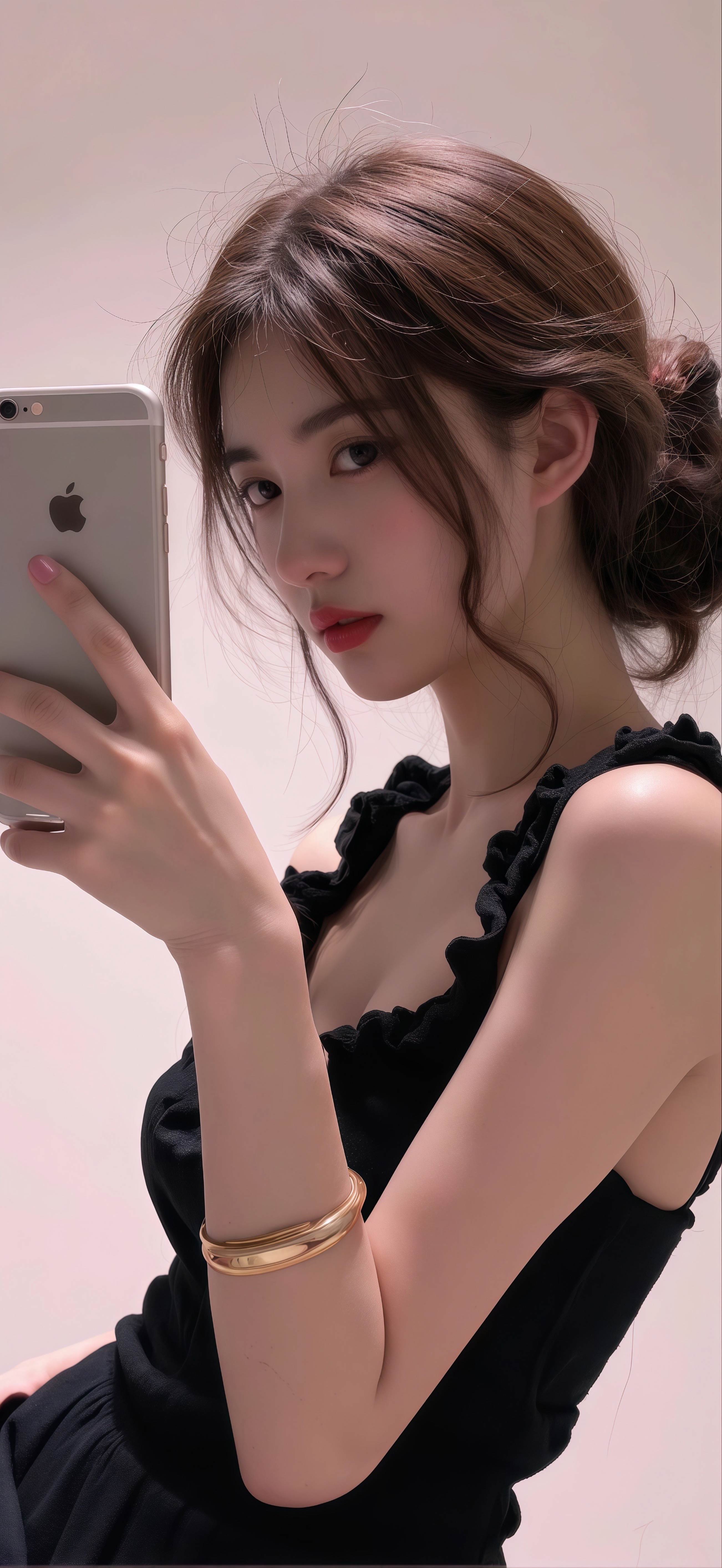 对镜自拍壁纸 黑色吊带裙精致少女竖版手机锁屏