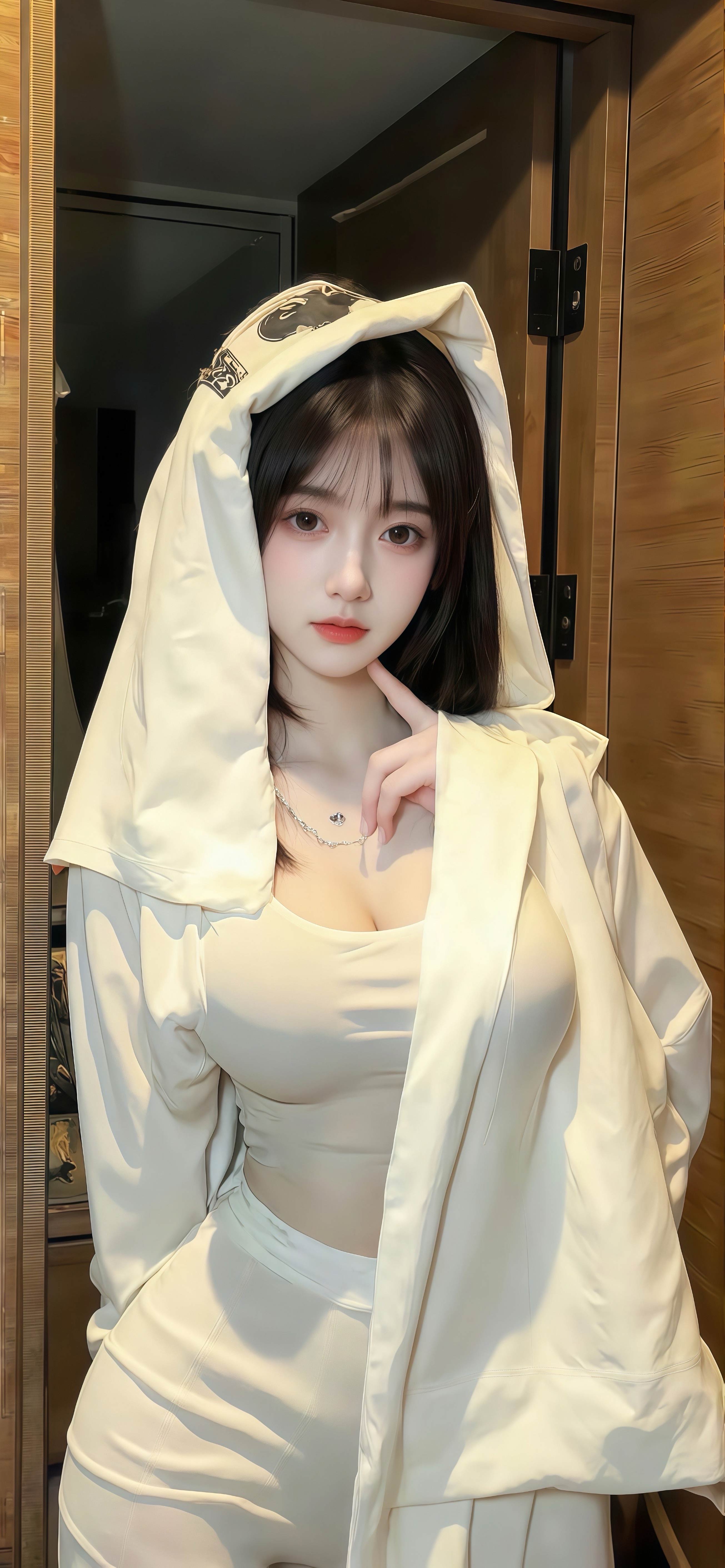 居家甜酷风壁纸 米白连帽套装少女竖版手机锁屏