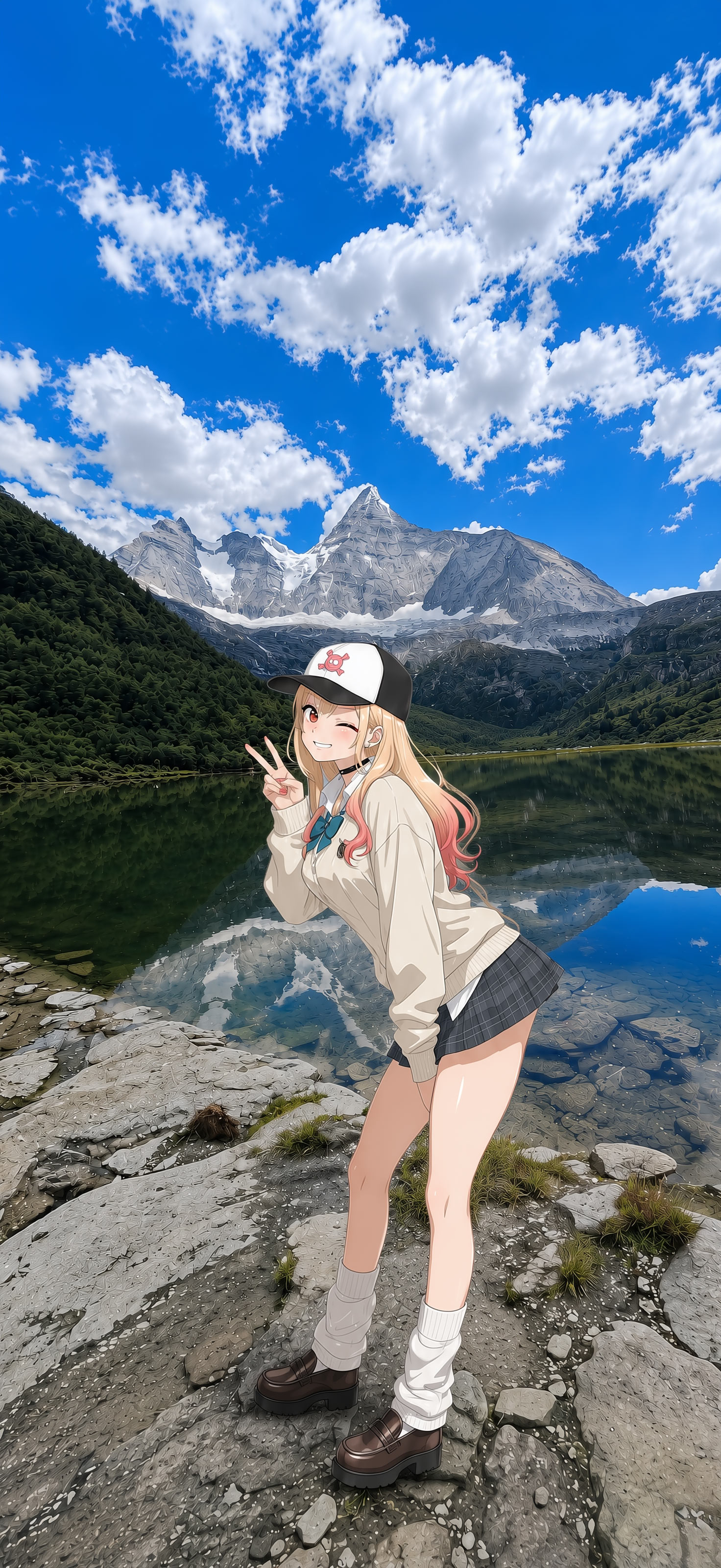 二次元 JK 少女雪山壁纸 湖泊比耶治愈风景竖版手机锁屏