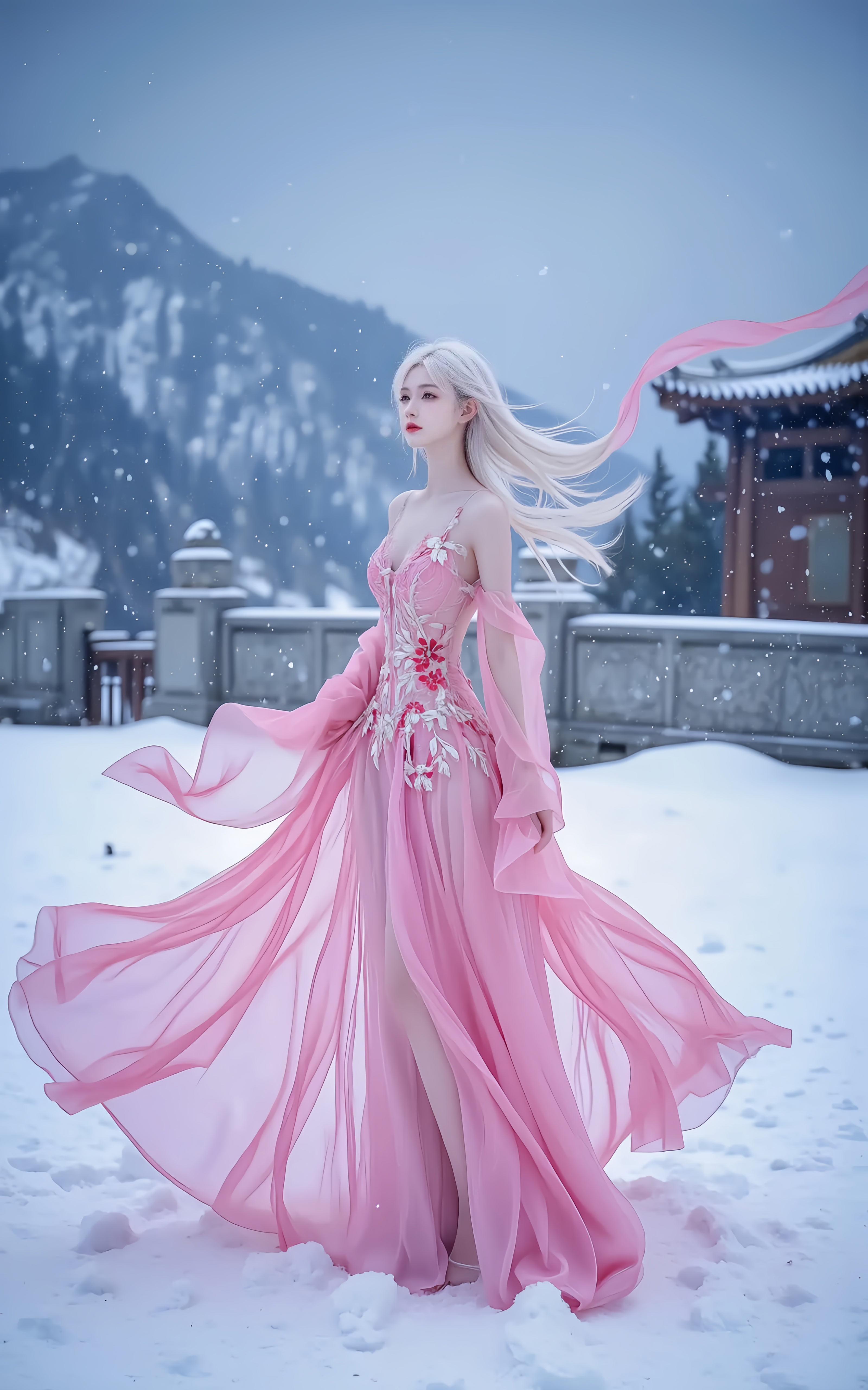 飘雪雪山白发少女粉色刺绣仙裙 4K 手机壁纸｜国风仙侠雪景人像竖版锁屏背景
