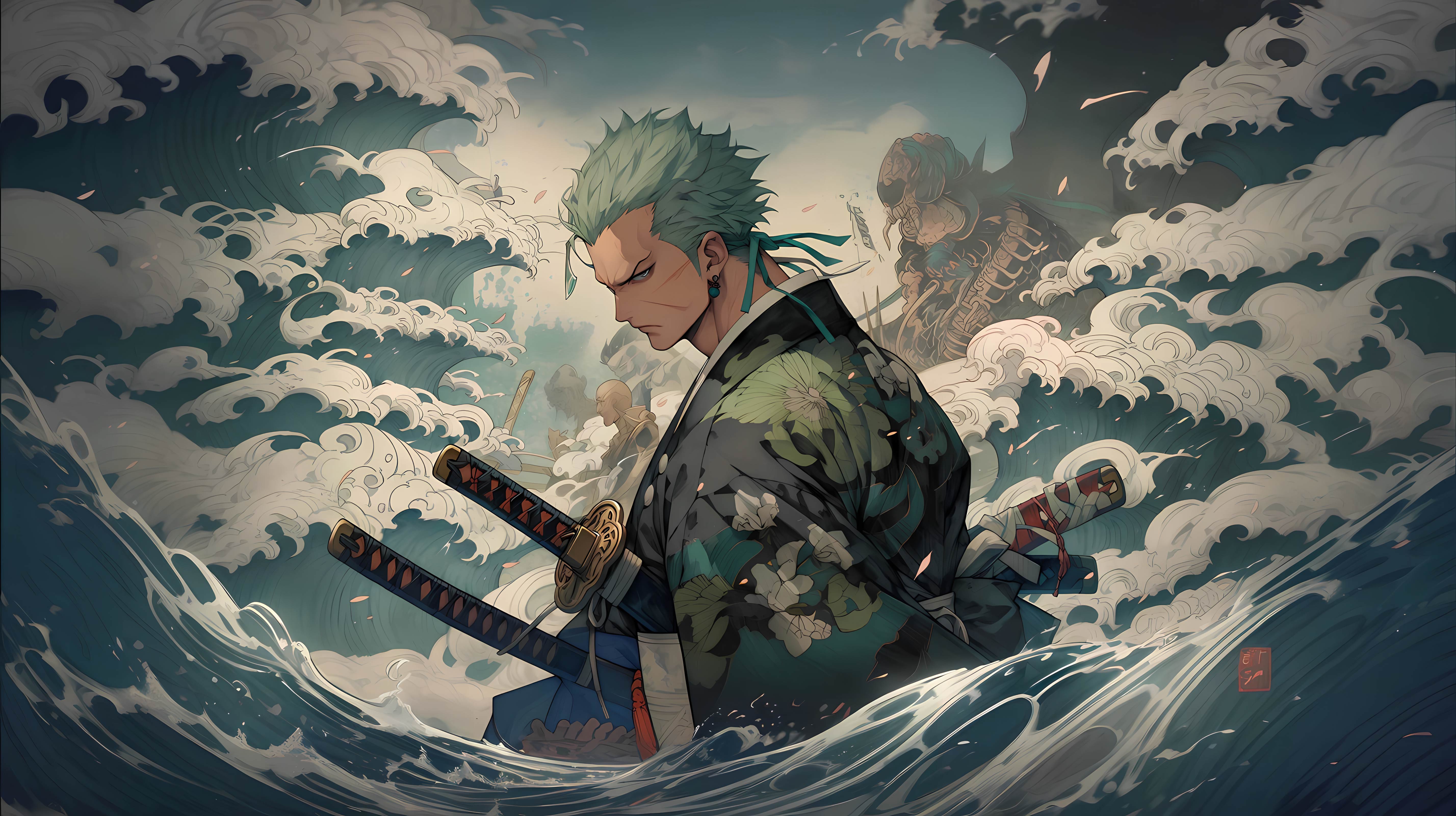 4K 高清海贼王罗罗诺亚索隆横版插画,绿发三刀流剑士,日式和服,浮世绘巨浪背景,热血动漫,无水印电脑壁纸