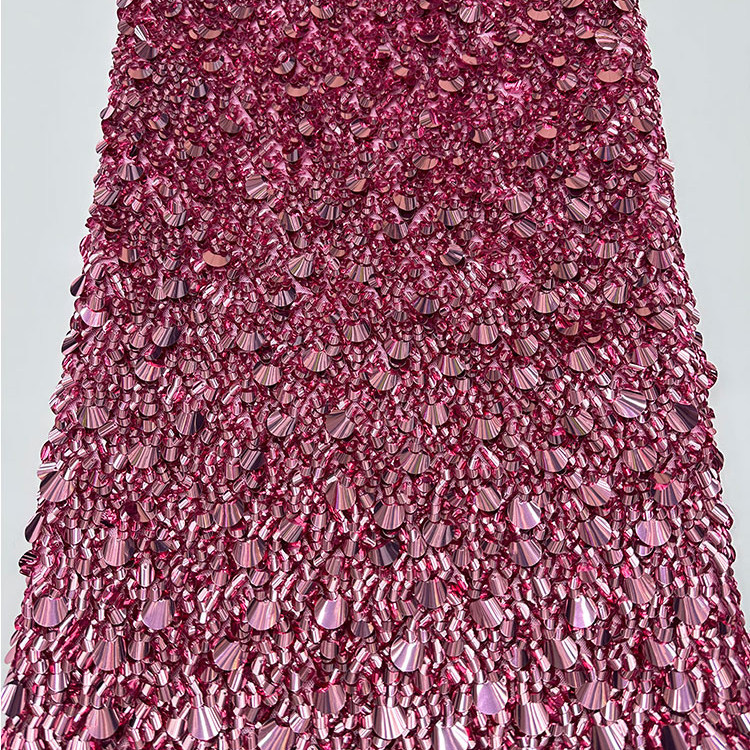 New Red Mesh Fabric with Bead Tube Embroidery, Full of Large Beads, Long Sequins, Sequin Embroidery Fabric for Dresses and Wedding Dresses