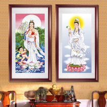 Guanyin portrait Avalokitesvara Bodhisattva hanging paintings to send children Guanyin solid wood framed decorative paintings dedicated to the Western three Holy Buddha statues