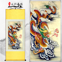 Dragon Chinese painting Silk scroll hanging painting Green Dragon vacant living room hotel vertical Chinese painting mural gift Dragon Teng Runqi