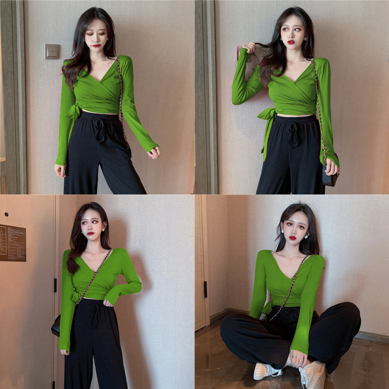 Cross-Front Top for Women, Unique and Beautiful Design, Long-Sleeved V-Neck Tie-Up Base Shirt, Autumn Avocado Green Tie-Up T-Shirt