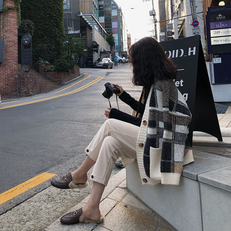 Sandro Duffy rhombus cardio-hoodie sweatshirt jacket female splicing spring autumn season Lazy Wind and Loose Plaid Sweater