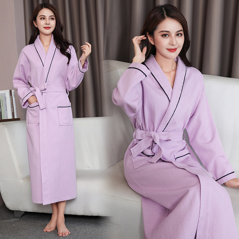 Cotton waffle bathrobe women's thin section absorbent quick-drying hotel couple nightgown men's autumn absorbent bathrobe mid-length version