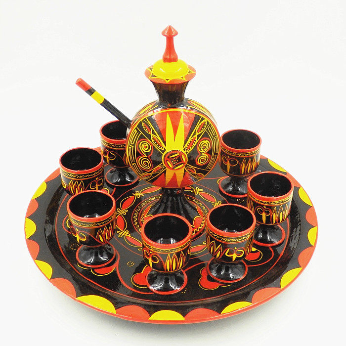 Sichuan Liangshan Xichang Minority Characteristic Painted Handicraft Yi Nationality Solid Wood Hand-painted Lacquer Ware Medium-sized Wine Set