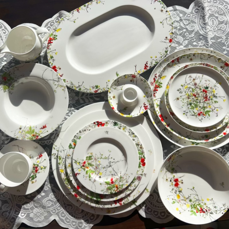 German Century-Old Brand Bone China Plate with Underglaze Color Tableware Set Red Flower Series