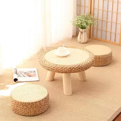 Straw woven rattan tea table low table Japanese solid wood round Zen simple balcony creative low table