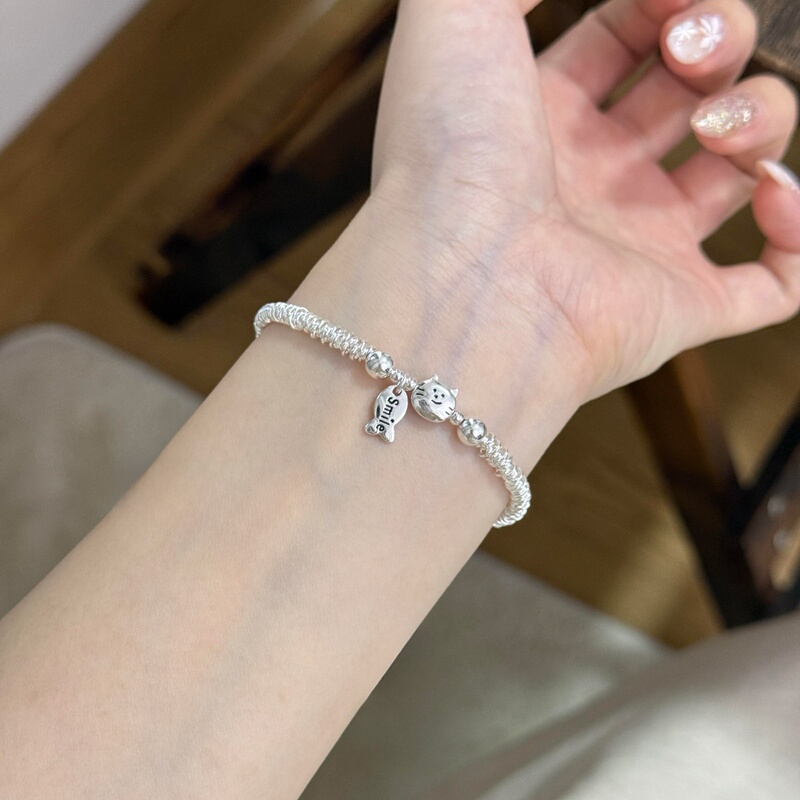 Kitten Eating Fish Bracelet for Women, S999 Pure Silver, Light Luxury, Niche, Exquisite Broken Silver Jewelry Bracelet, Gift for Best Friend