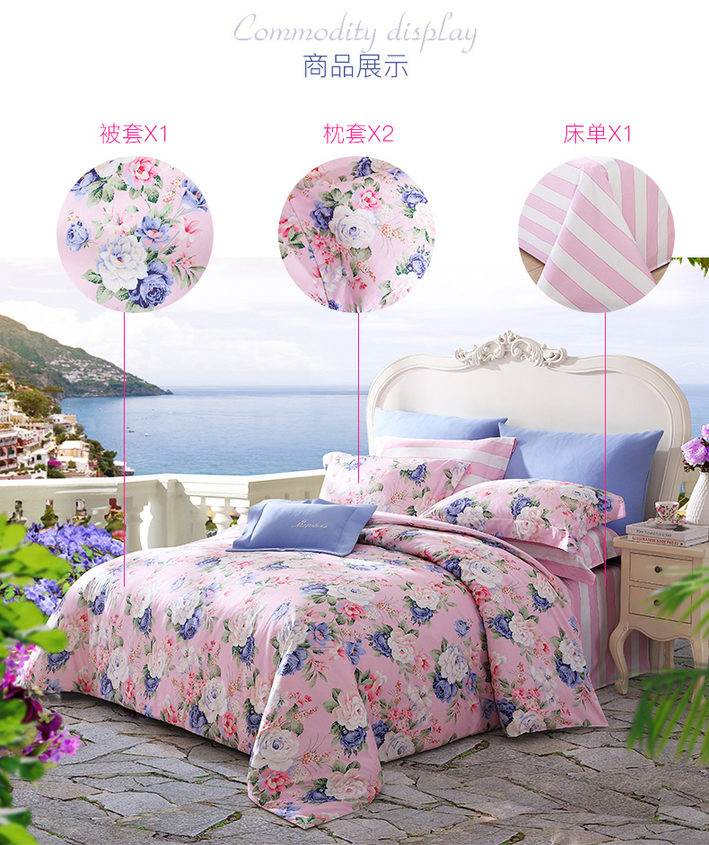 Meng Jie nhà dệt may giường nhỏ tươi in bốn bộ bông cotton màu đỏ mùa hè trần truồng ngủ tấm chăn 1,5 m - Bộ đồ giường bốn mảnh mẫu chăn ga gối đệm đẹp
