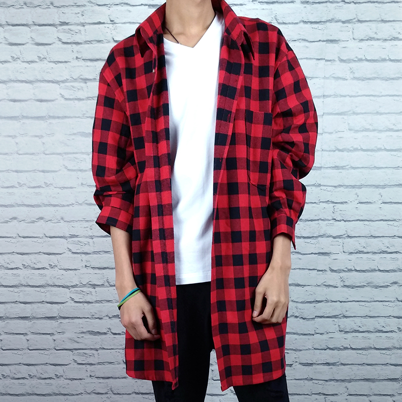 Men's Plaid Shirt Long-Sleeved Retro Korean Style Red Plaid Mid-Length Loose Casual Fashion Jacket Cotton and Linen Shirt