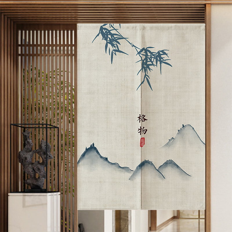 Zen-Inspired Bamboo New Chinese-Style Fabric Door Curtain, Chinese-Style Decorative Partition Curtain for Home Use, No-Drill Installation, Cotton and Linen Japanese Style