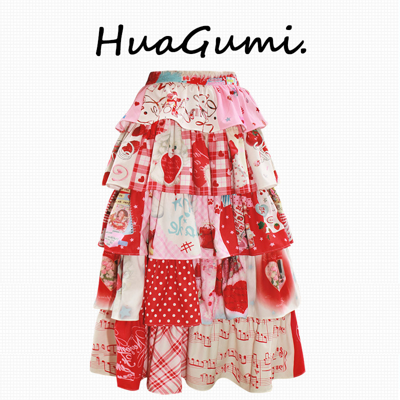 Strawberry Sundae Cake Skirt, Niche Design, Millennial Cute and Sweet Dopamine Holiday Elastic Waistband Skirt