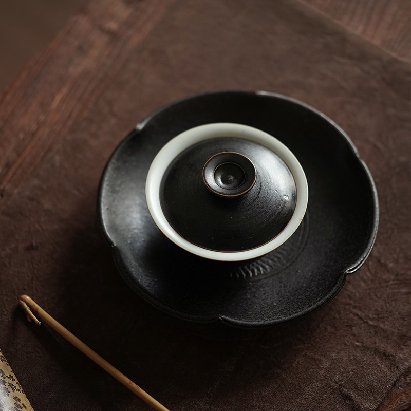Wang Xinghua handmade simple original flower mouth patina black glaze pot bearing tea tray dim sum plate tea tray dry bubble plate