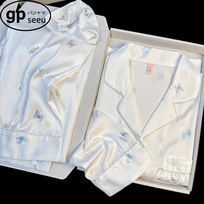 Gp Seeu Silk Pajamas for Women Spring and Summer New Long-Sleeved High-End Butterfly Print Home Wear Gift Box Set