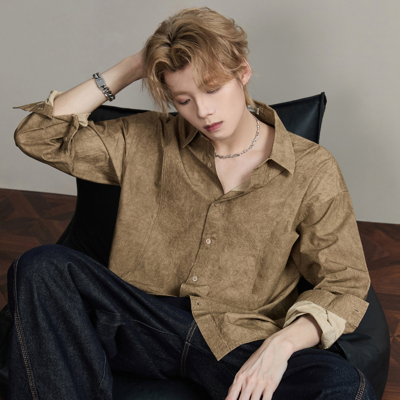 Spring and Summer Retro Tie-Dye Long-Sleeved Shirt for Men, Trendy Brand, Cool Lapel, Loose, High-End Pure Cotton Casual Top